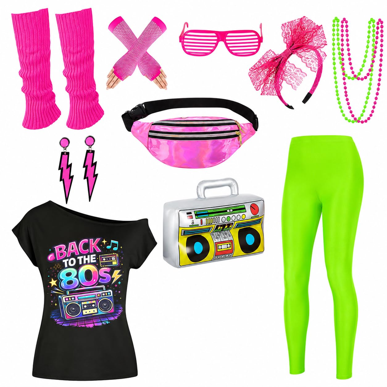 80s Outfit Women Costume Accessories Set T Shirt Shorts Tutu Skirt Neno Party Leg Warmers Headband