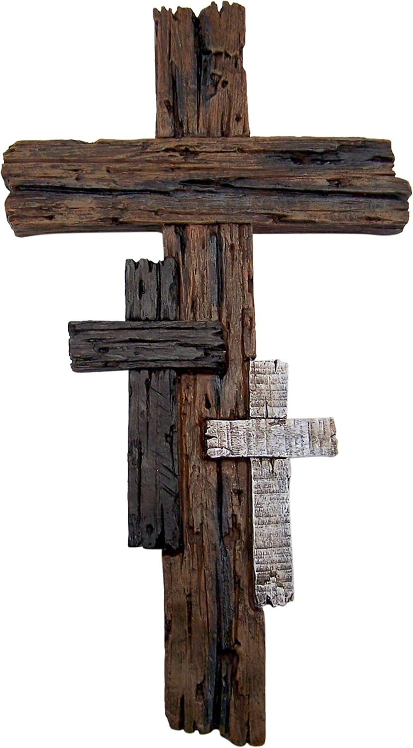 Rustic Wood Look Wall Cross with Two Smaller Crosses Embedded, 16 Inches