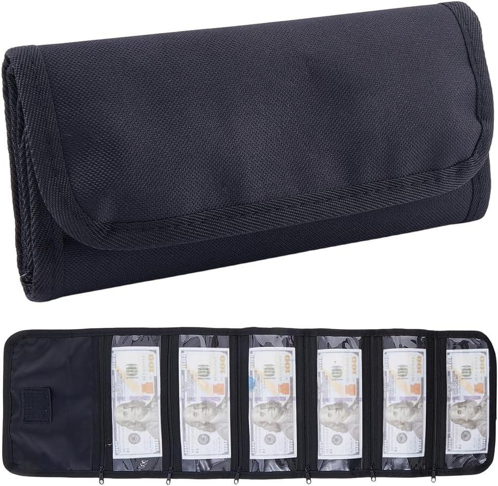 CREATCABIN Money Wallet Money Organizer for Cash with 6 Pocket Cash Organizer Bag Small Travel Holder Envelope Wallet Storage for Travel Currencies Receipts Bills Budgeting Black 8.46 x 3.94 Inch