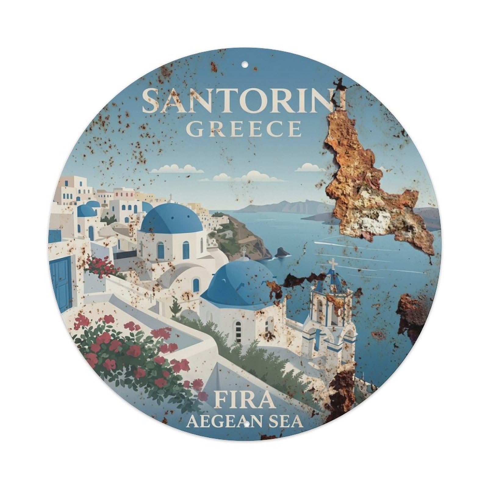 Galvaxio Style Vintage Travel Fira Santorini Rooftop 1 Metal Tin Sign