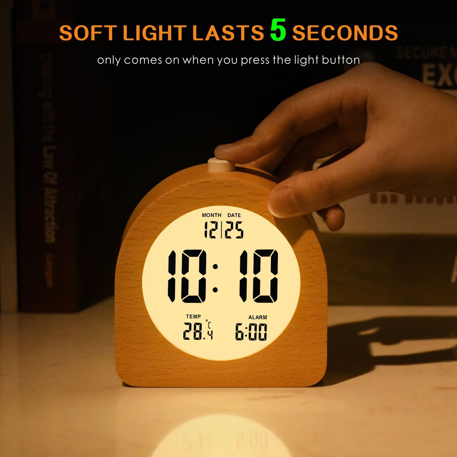 Plumeet Reloj despertador digital de madera para dormitorios, reloj despertador de madera de 4 pulgadas con repetición y luz nocturna, reloj electrónico LCD de escritorio que muestra la hora, fecha,
