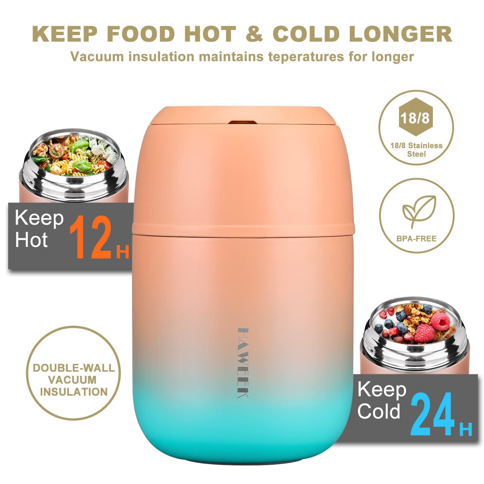 Contenedor de alimentos aislado de 17 onzas, termo de sopa para adultos de comida caliente, lonchera al vacío de acero inoxidable con cuchara plegable, térmica portátil para adultos y niños,