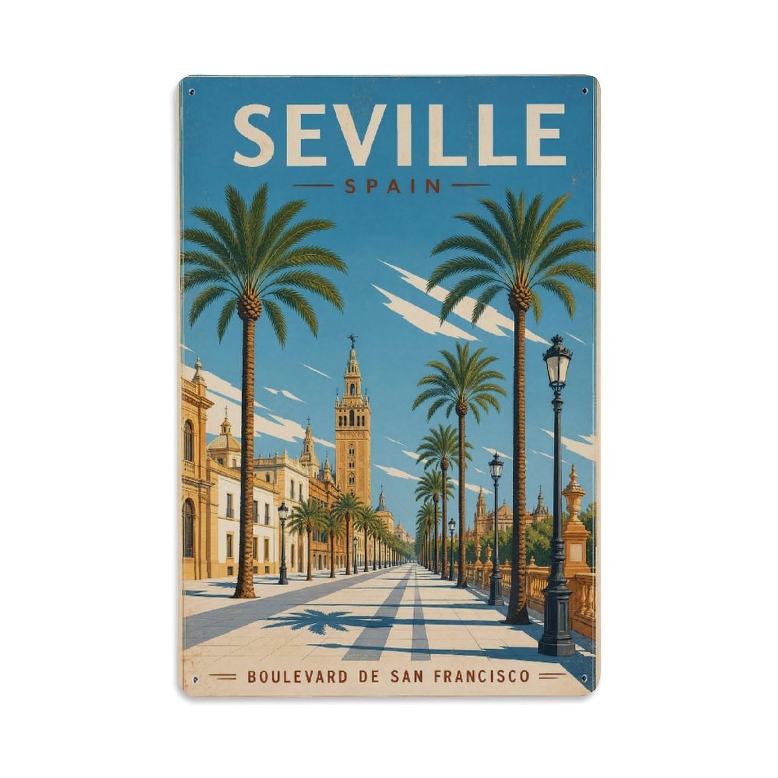 Vintage Travel Seville Palm Trees Boulevard Sunny Walk Metal Tin Sign