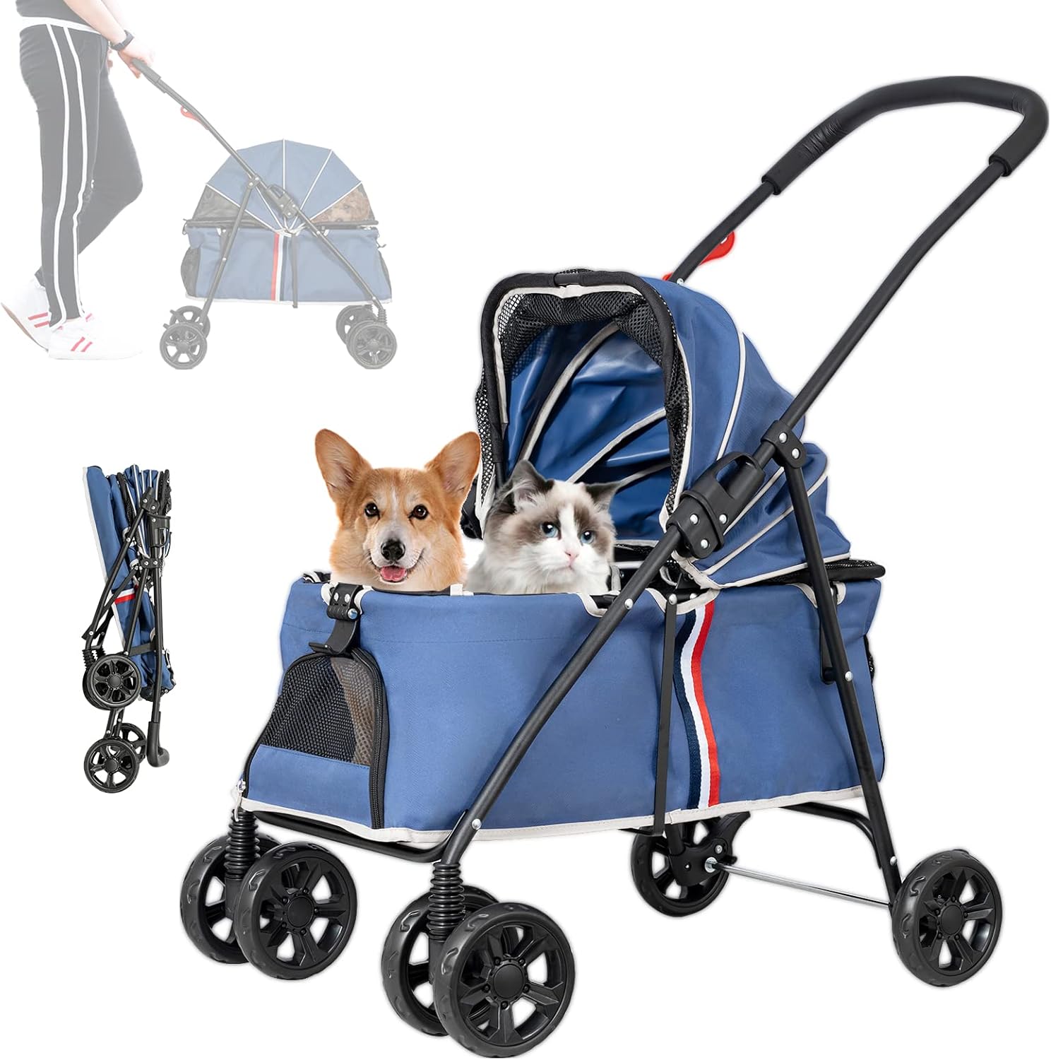 NoZip Pet Stroller Cat Dog Stroller Zipperless Entry Lightweight 4 Wheel Foldable Dog Carrier