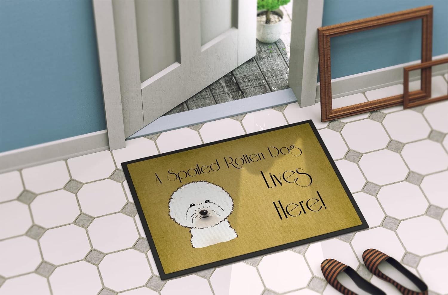 Caroline's Treasures BB1465MAT Bichon Frise Spoiled Dog Lives Here Doormat 18x27 Front Door Mat Indoor Outdoor Rugs for Entryway, Non Slip Washable Low Pile, 18H X 27W