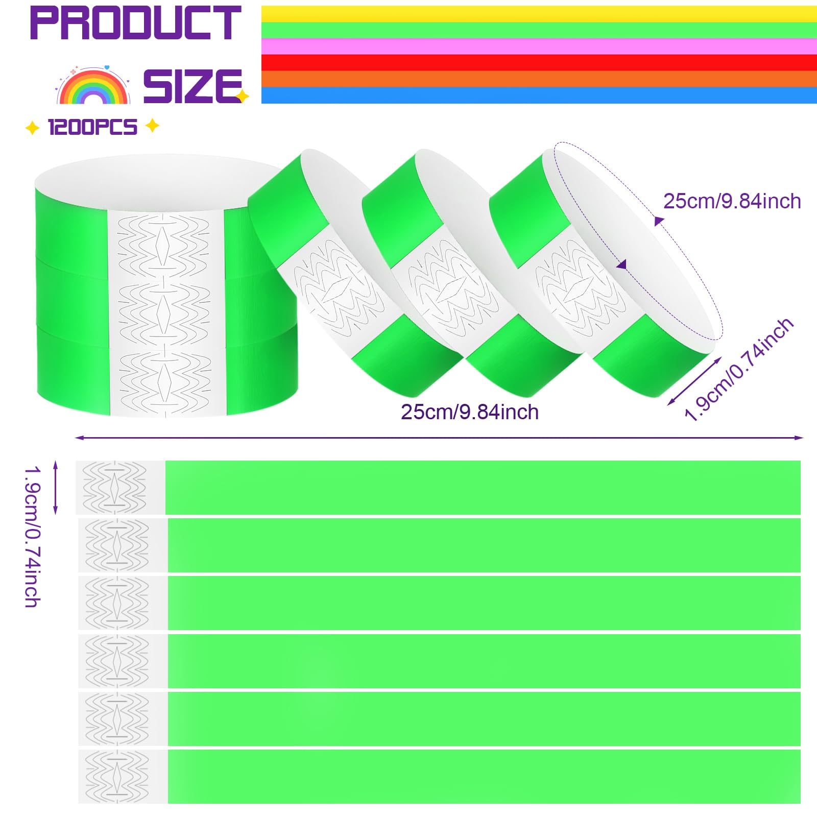 Braccialetti Identificativi Impermeabili 1200 Pezzi per Eventi Concerto Club Parco Acquatico (Verde Neon)