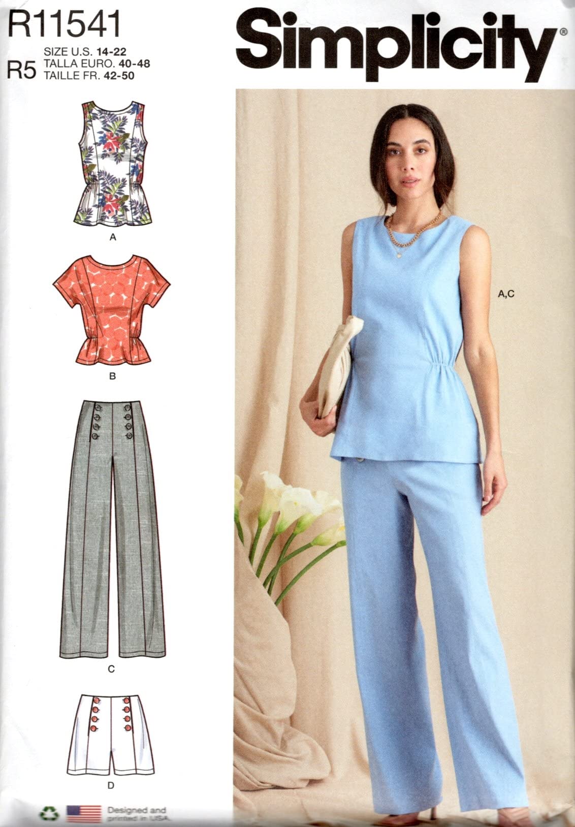 Patron de couture tops et pantalons R11541 coupe ajustable tailles 14-22
