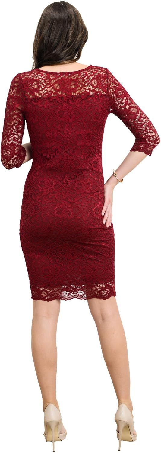 HELLO MIZ Women's Maternity Floral Lace Knee Length Bodycon Dress (Medium, Burgundy)
