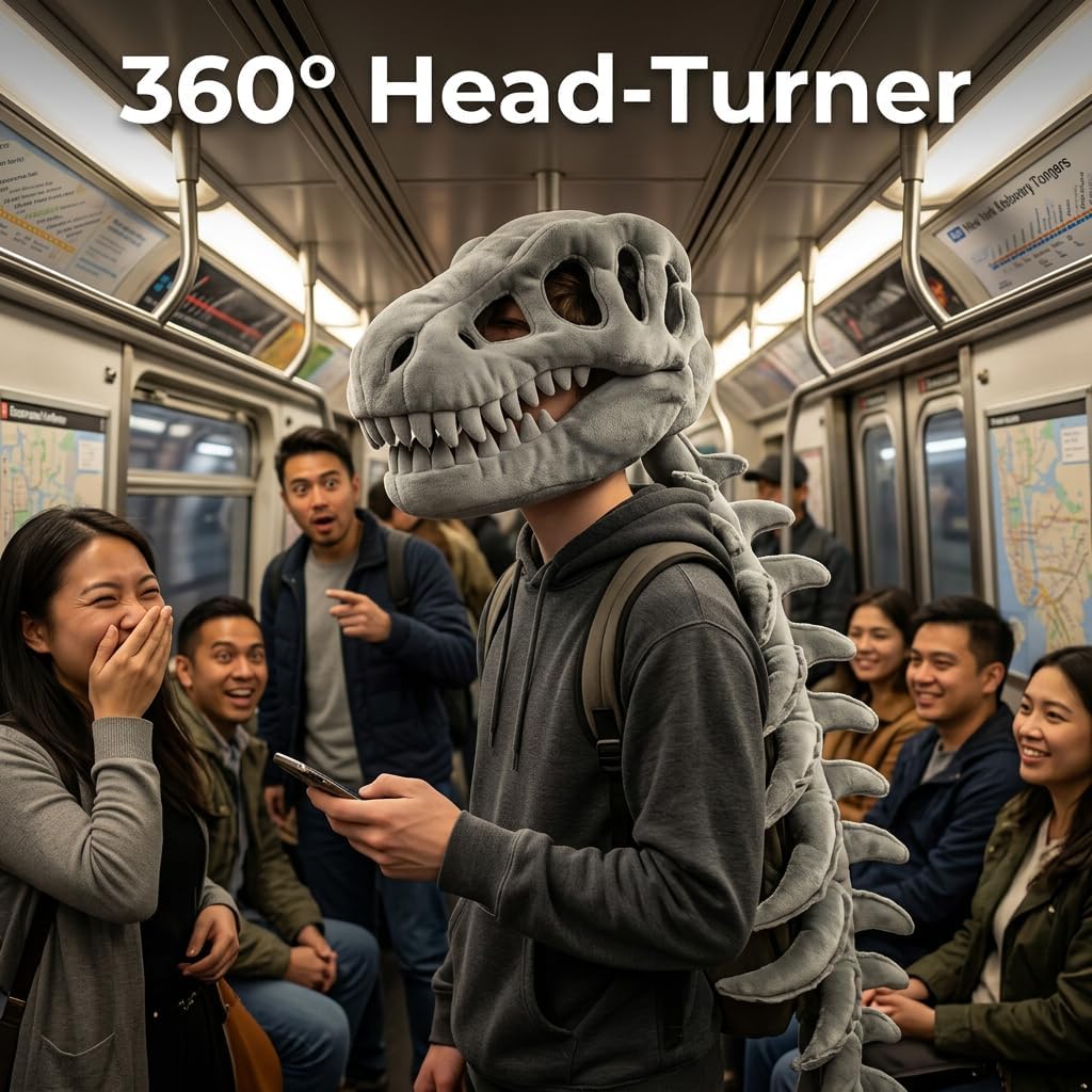 Funny Dinosaur Fossil Plush Hat Adult Skeleton Dinosaur Costume for Halloween Cosplay Party Novelty Prehistoric Dragon Bone Headpiece for Men Women