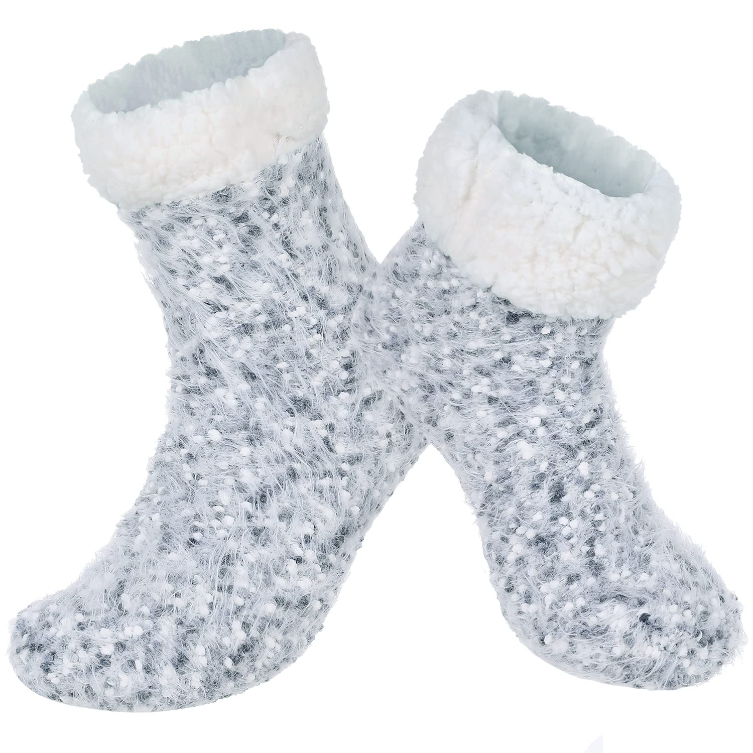 Cozy Womens Sherpa Lining Fuzzy Slipper Socks, Winter Crochet Christmas Thermal Slipper Sock with Silicone Grippers