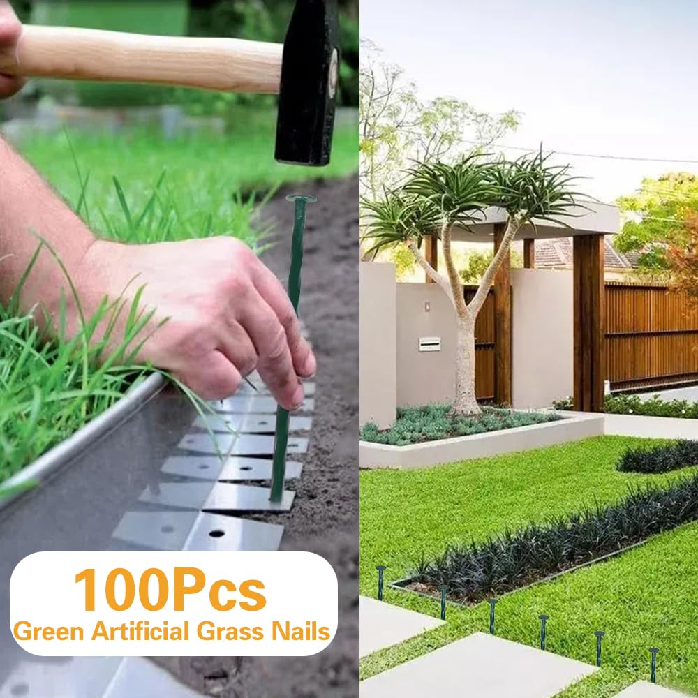 Bakulyor Paquete de 100 estacas de metal para paisaje, clavos artificiales de césped de 8 pulgadas, púas grandes de calibre 6, barrera de malezas, 8 pulgadas