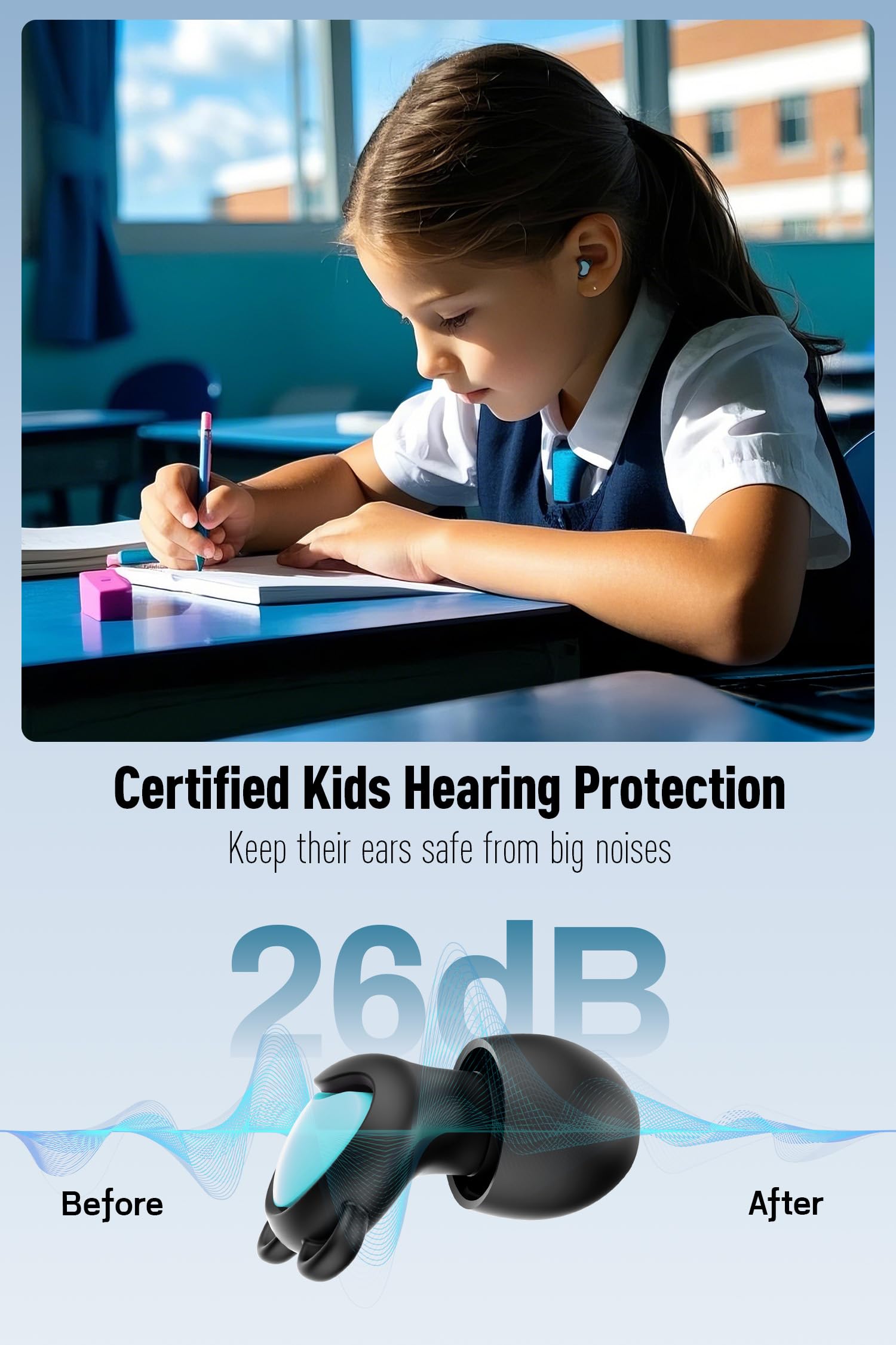 Bouchons d'oreilles réutilisables pour enfants (6 à 12 ans) avec cordon, protection auditive pour enfants, anti-bruit, pour la concentration, les voyages, les concerts, la socialisation, les