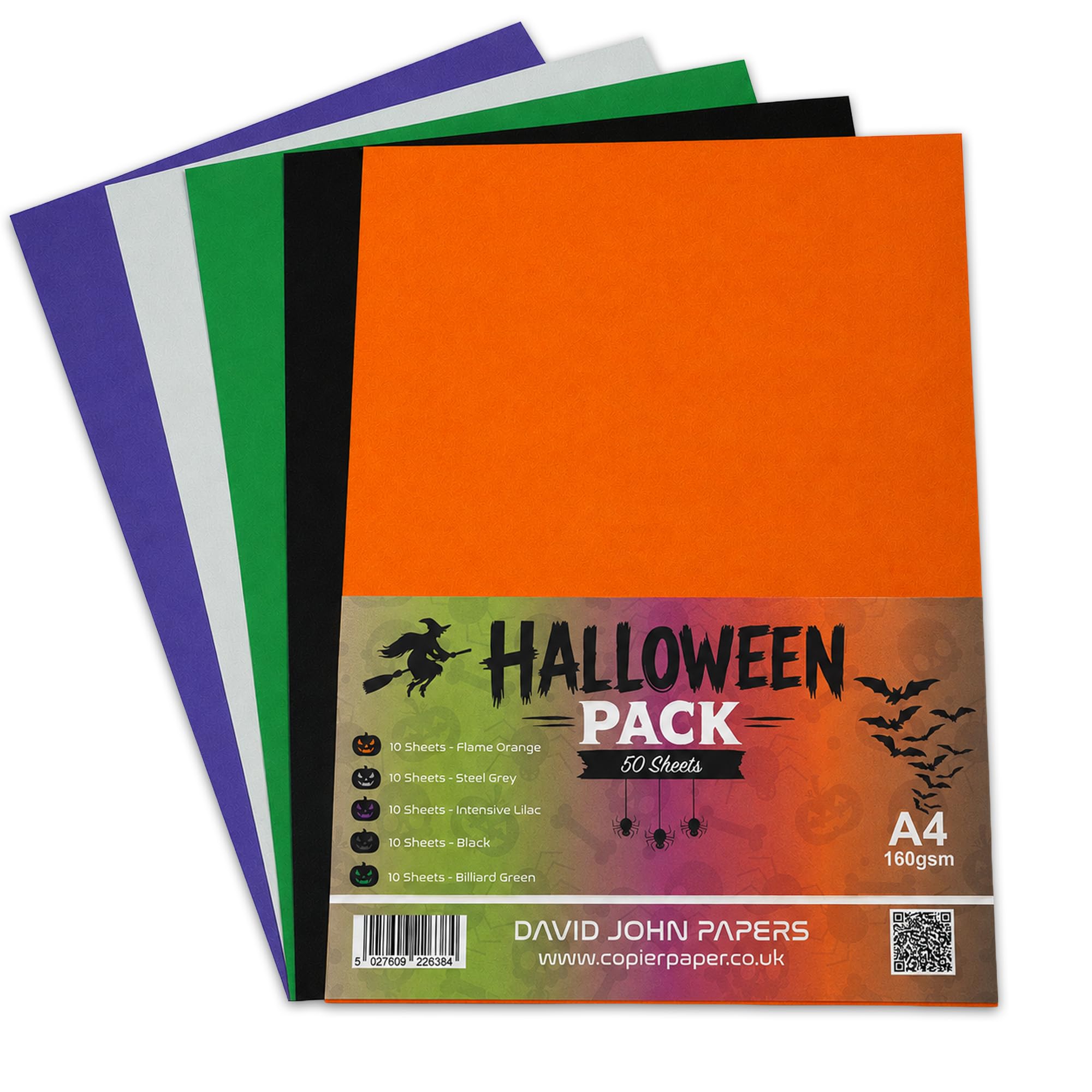 DJP 160gsm A4 Halloween Coloured Assorted Card Crafts Pack - 50 Sheets (10 Each Colour)