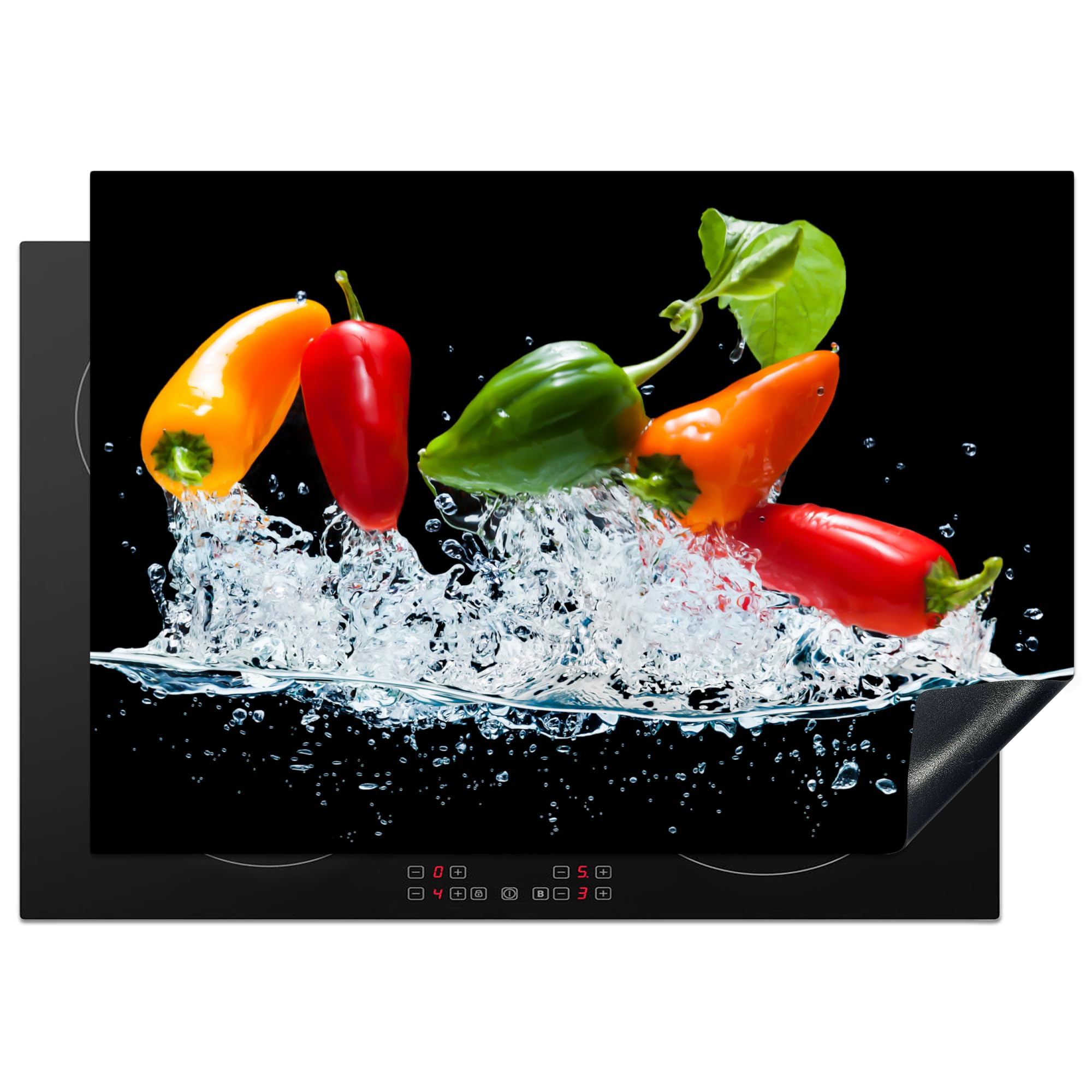 KitchenYeah© Induction Hob Cover Protector Mat 20.5"x29.5" / 75x52 cm Kitchen Universal Ceramic Covers for Electric Cookers Vinyl Chillies - Black - Vegetables - Water - Leaf