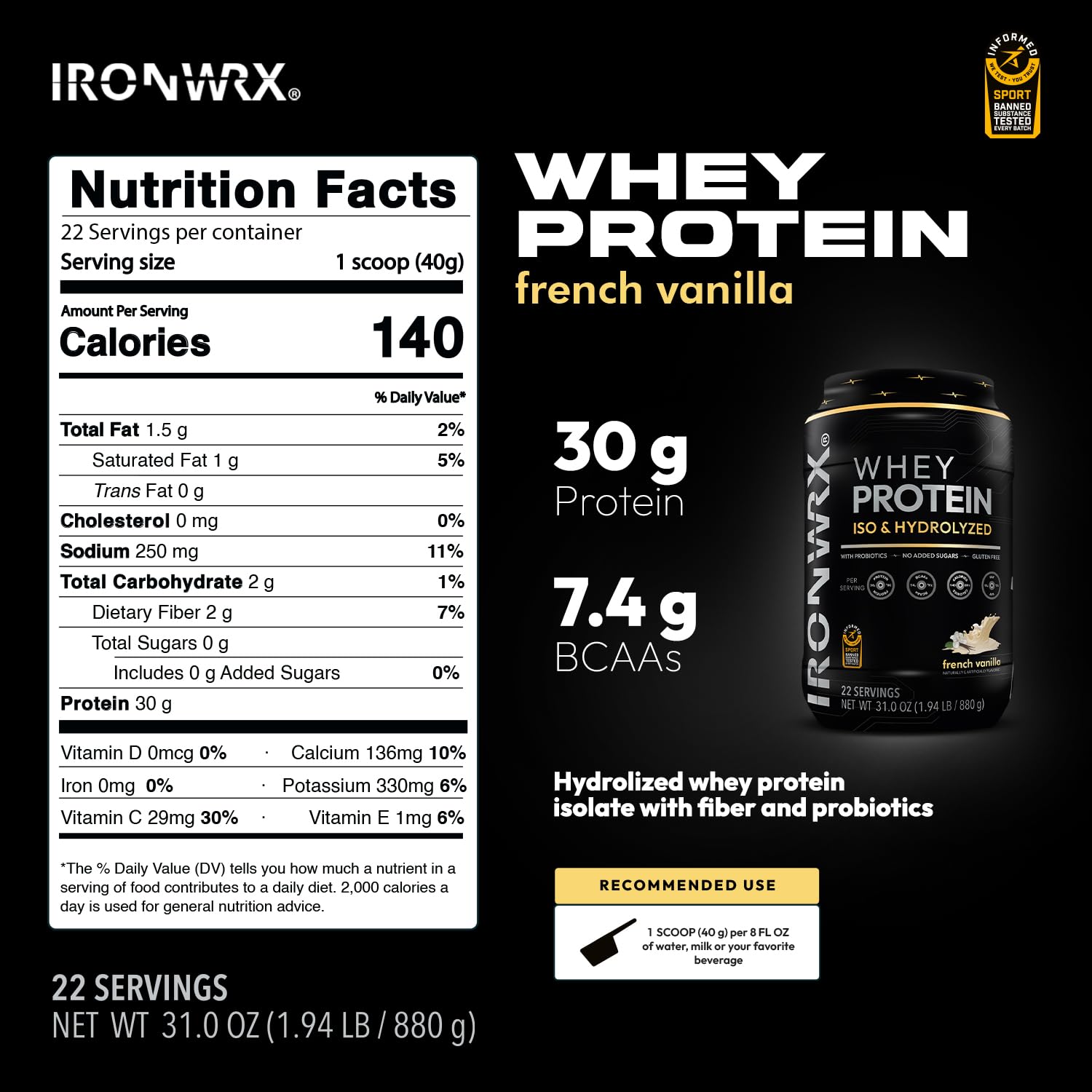 Hydrolyzed Whey Protein Isolate | French Vanilla Flavor | 22 Servings | 30g Protein, 7.4 g BCAAs | For Muscle Growth and Recovery | Informed Sport Certified Free of Banned Substances