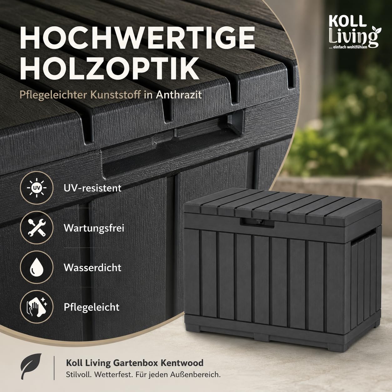Koll Living Boîte de jardin de 190 l - Anthracite - Boîte de rangement compacte avec beaucoup d'espace pour les coussins de siège, les outils de jardin ou les jouets pour enfants - Garde le contenu au