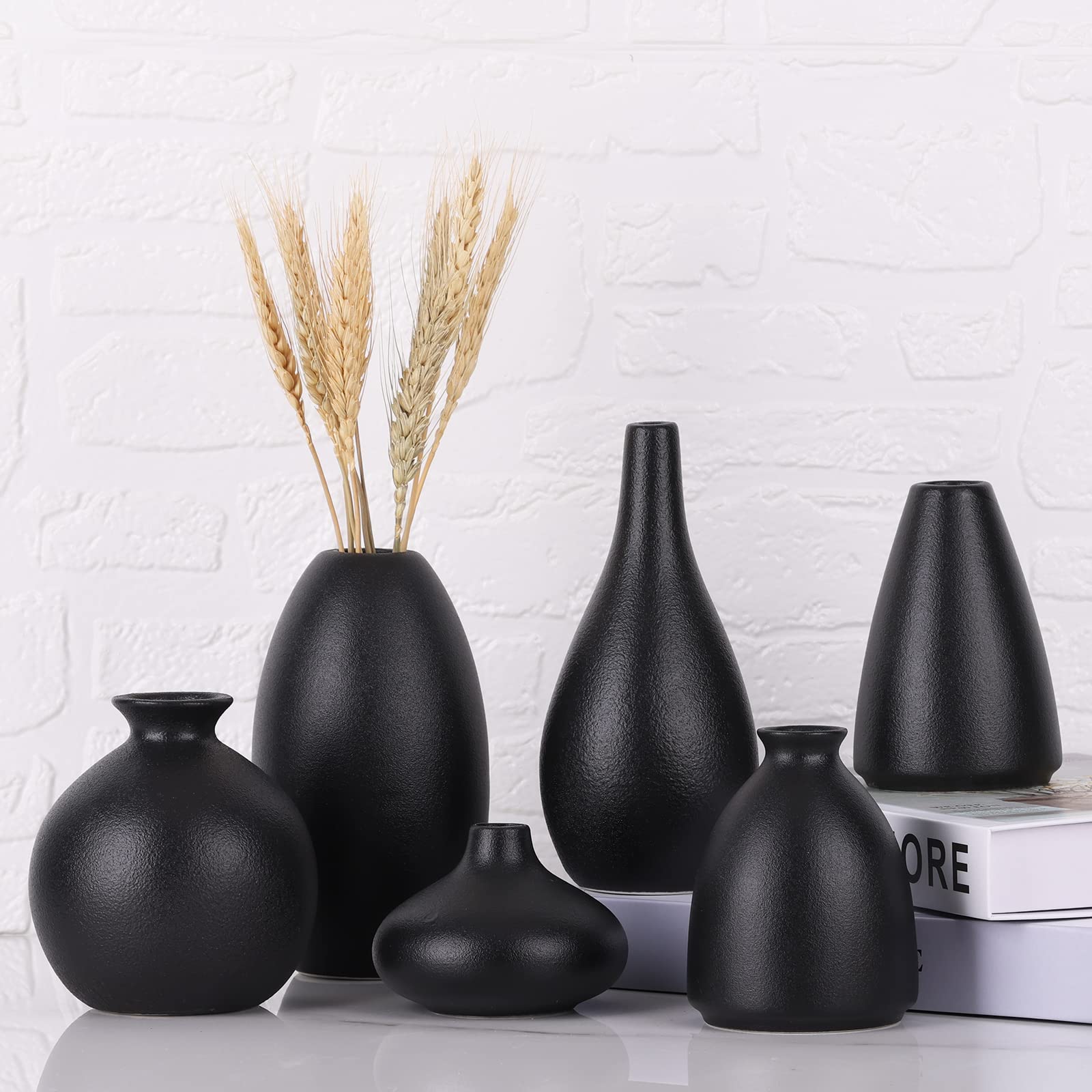 Boho piccoli vasi in ceramica nera opaca per centrotavola, confezione da 6vaso neri per fiori, Mini Bud Pampas erba