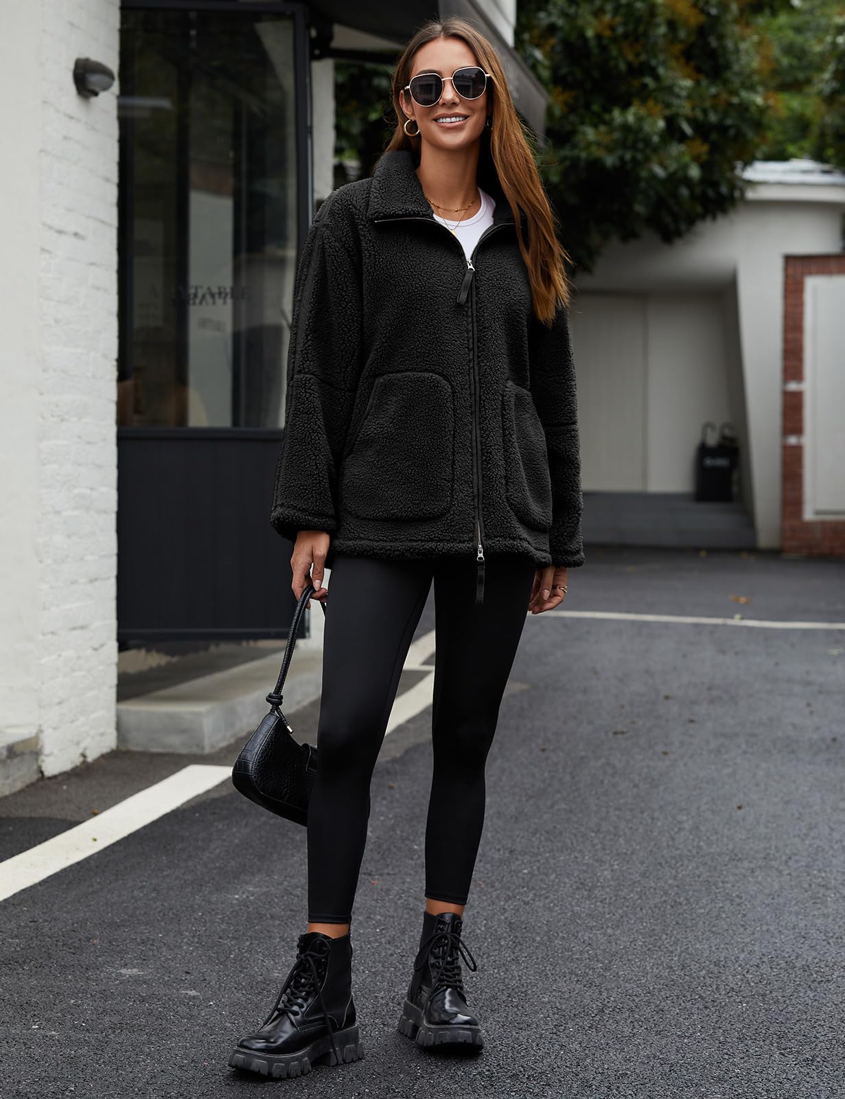 Tuopuda Fleecejacke Damen aus Teddyfleece mit Stehkragen und großen Taschen