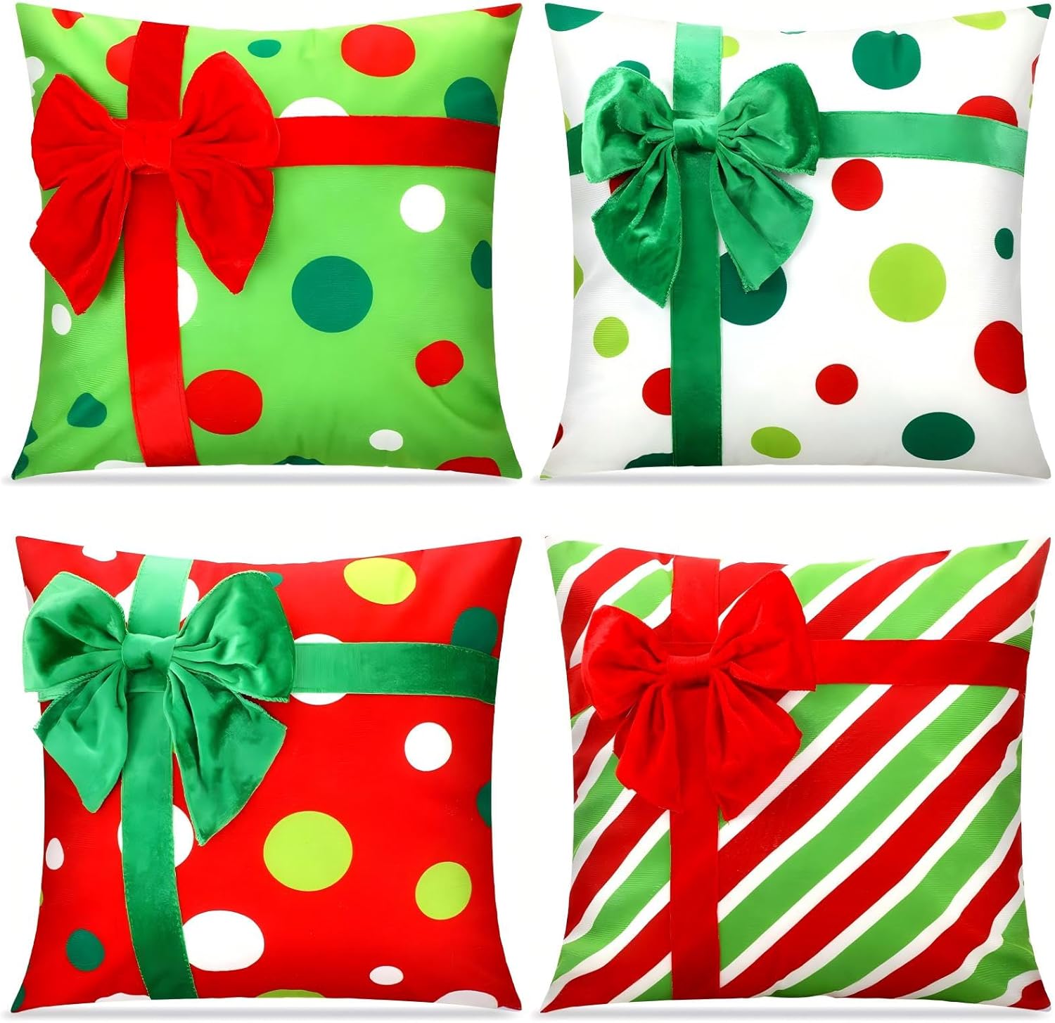 Breling 4 Set Christmas Pillow Covers 3D Bows Gift Box Pillow Cases 18 x 18 Inch Red Green Stripe Dot Xmas Winter Cushion Cases for Christmas Home Chair Bed Sofa Cushion Decor