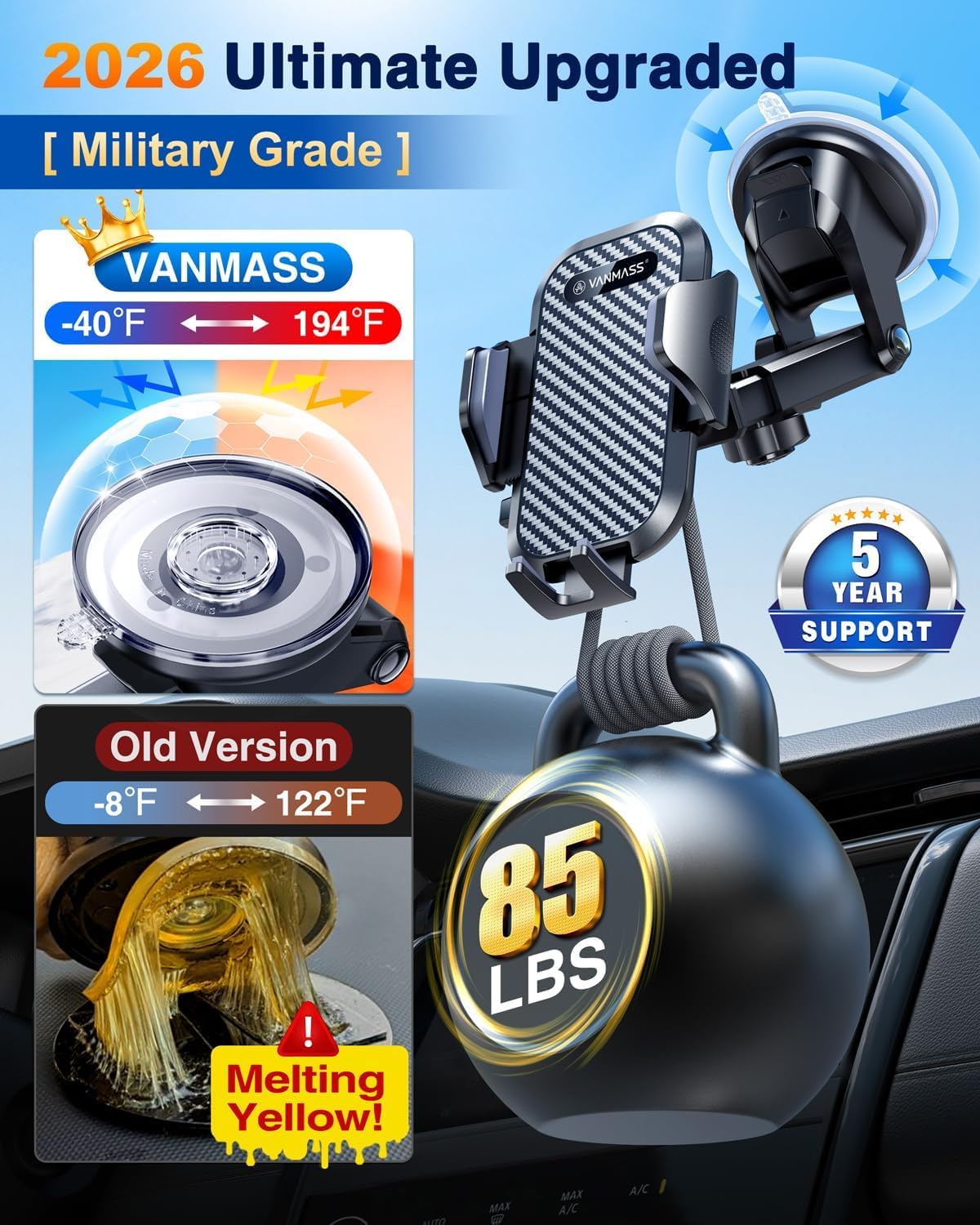 VANMASS Car Phone Holder 2026 BEST 【85+ lbs Strongest Suction & Vent Clip】 True Military-Grade Patent Universal Mobile Vehicle Mount Dashboard Windscreen Van Cradle for 17 Pro Max 16 15 14 Samsung — view 3