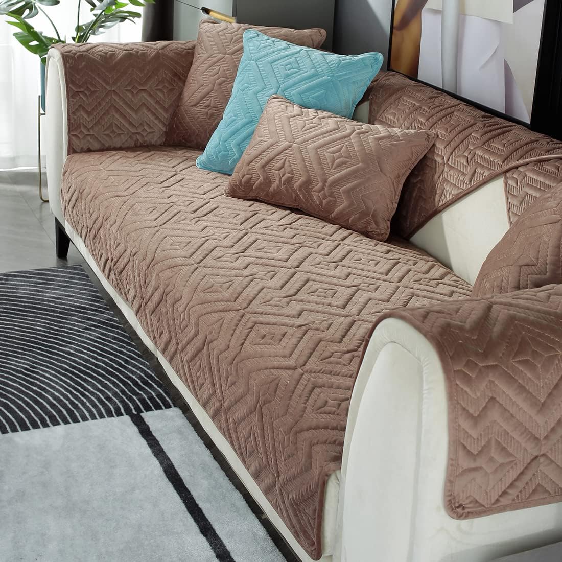 vctops Velvet Plush Diamond Pattern Sofa Couch Cover Solid Color Non Slip Sectional Couch Covers Soft Warm Thicken Sofa Slipcover for Dogs, Children, Pets Furniture Protector(Brown,34"x47")