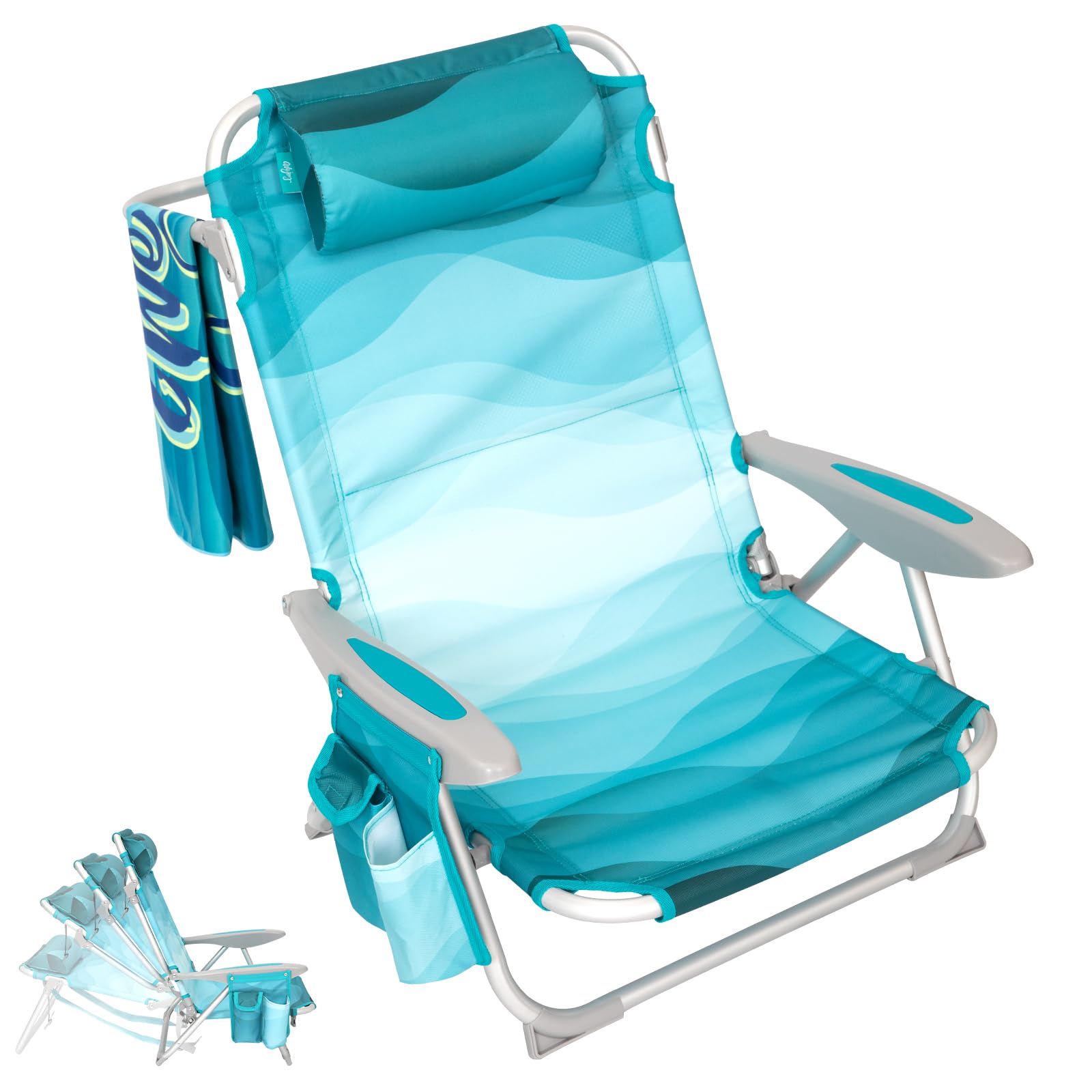 #WEJOY Folding Beach Chair for Adults, 4-Position Aluminum Lightweight Beach Chair, Low Sands Chairs with Shoulder Strap, Cup Holder and Padded Headrest, Supports 265lbs for Lawn