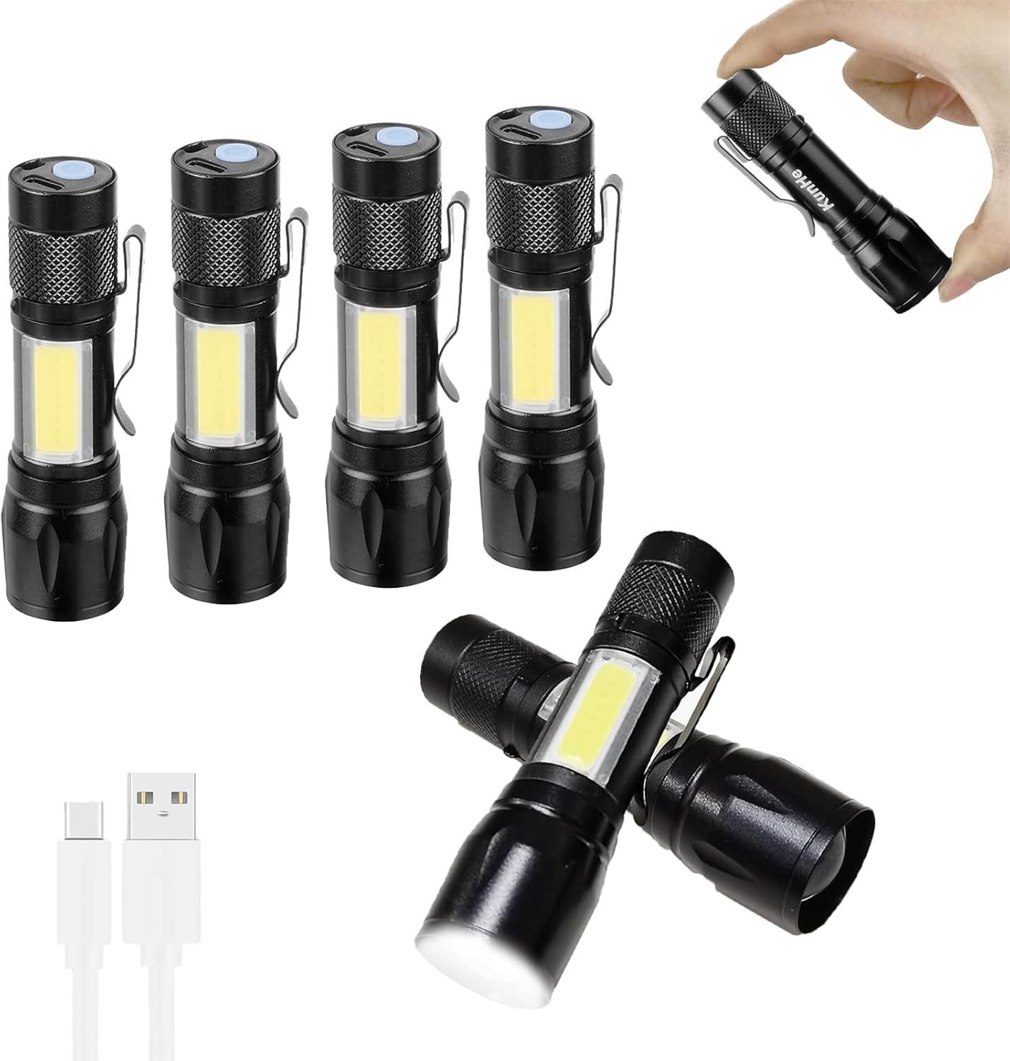 KunHe Rechargeable Flashlights USB-C Stocking Stuffers Small LED Lantern Flashlights Bright Clip-On Light EDC Flash Light with Side COB Light for Camping Home Emergency 6 Pack