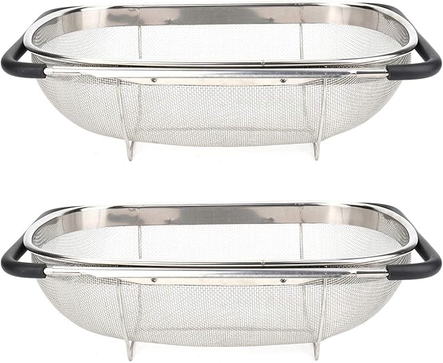 Suwimut 2 Pack Over Sink Colander for Kitchen, Stainless Steel Fine Mesh Strainer Basket 6 Quart Sink Strainer Colander with Expandable Rubber Grip Handles for Straining, Draining