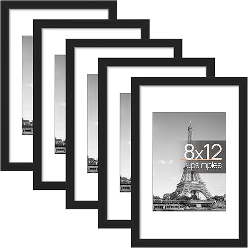 upsimples 8x12 Picture Frame Set of 5, Display Pictures 6x8 with Mat or 8x12 Without Mat, Wall Gallery Photo Frames, Black