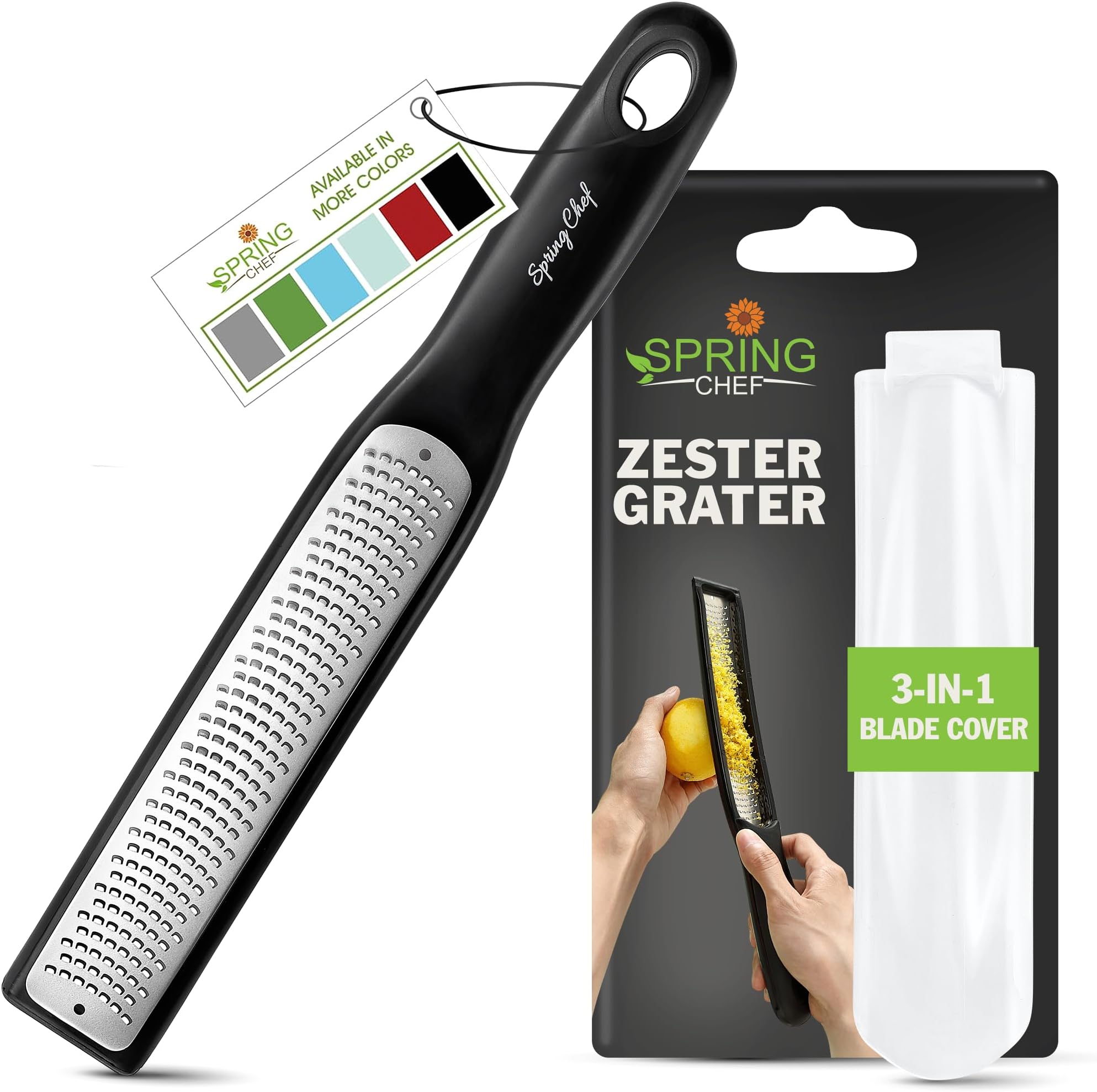 Premium Lemon Zester Grater with Handle - Fruits, Garlic, Chocolate, Nutmeg, Ginger Grater - Heavy Duty Kitchen Tool - Stainless Steel Citrus Zester with Blade Cover - Fine Shred, Black