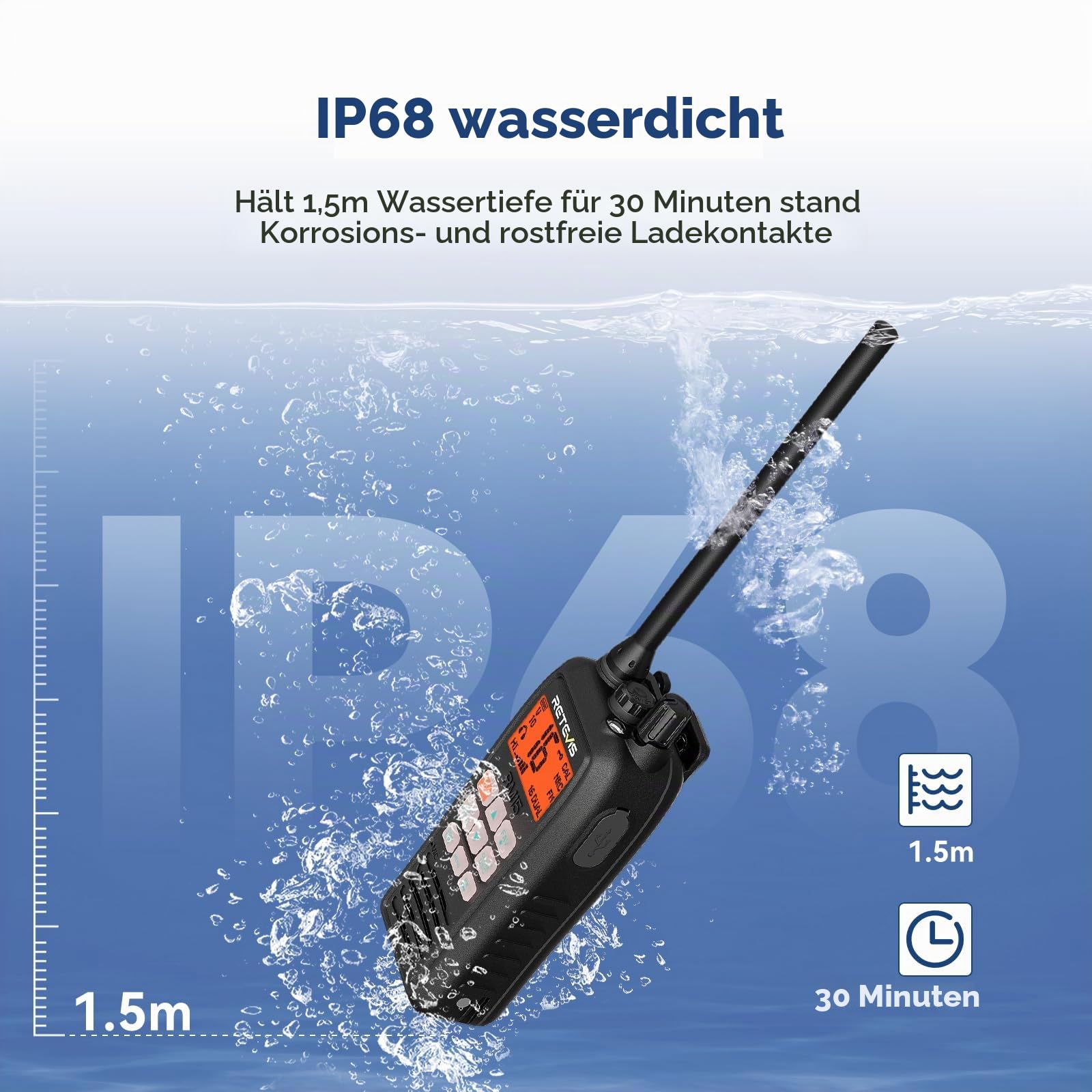 Retevis RM15 VHF Seefunkgerät, Wasserdicht IP68 Marine Radio Handfunkgerät | Kommunikation über große Entfernungen marine walkie talkie, 2000 mAh Akku, Schwimmend, Vibration für Bootfahren (1 Stück)