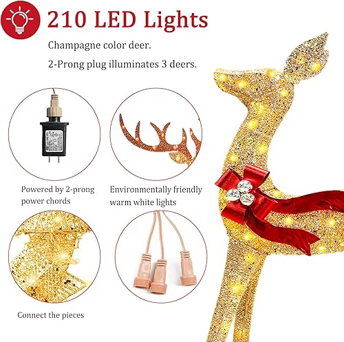 Miniatura 3 de Juego familiar de decoración de reno navideño grande 3D de 58 x 29 x 15 pulgadas, 3 piezas de 4.8 pies iluminados con 210 luces LED blancas cálidas