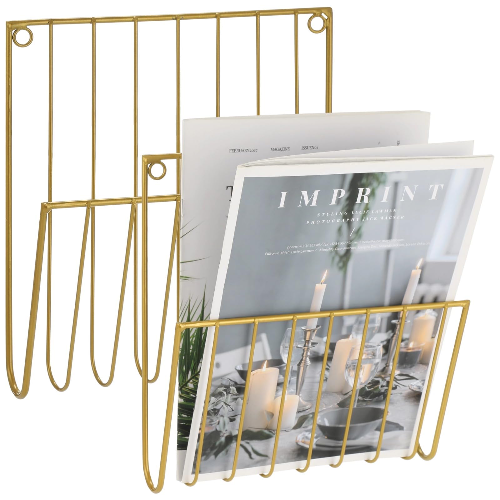 Lot de 2 porte-revues muraux, organisateur de dossiers en fer métal, rangement suspendu pour courrier, journaux, brochures, support décoratif pour maison, bureau et salon, doré
