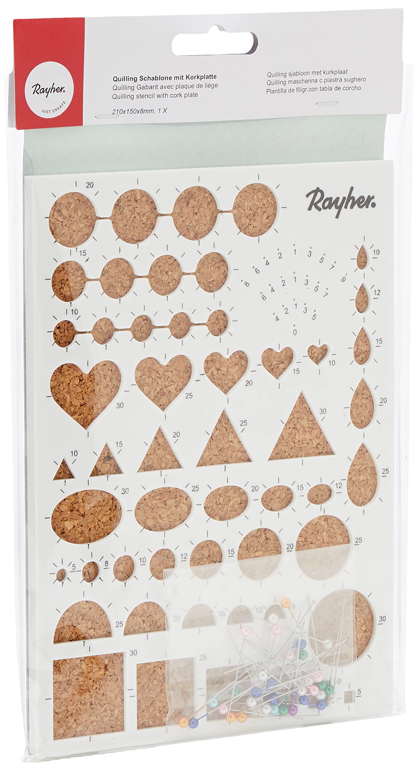 Rayher Hobby Quilling stencil with cork plate, 210x150x8mm, w. needles, 2.7 x 1.6 x 0.08 cm, Multi-colour