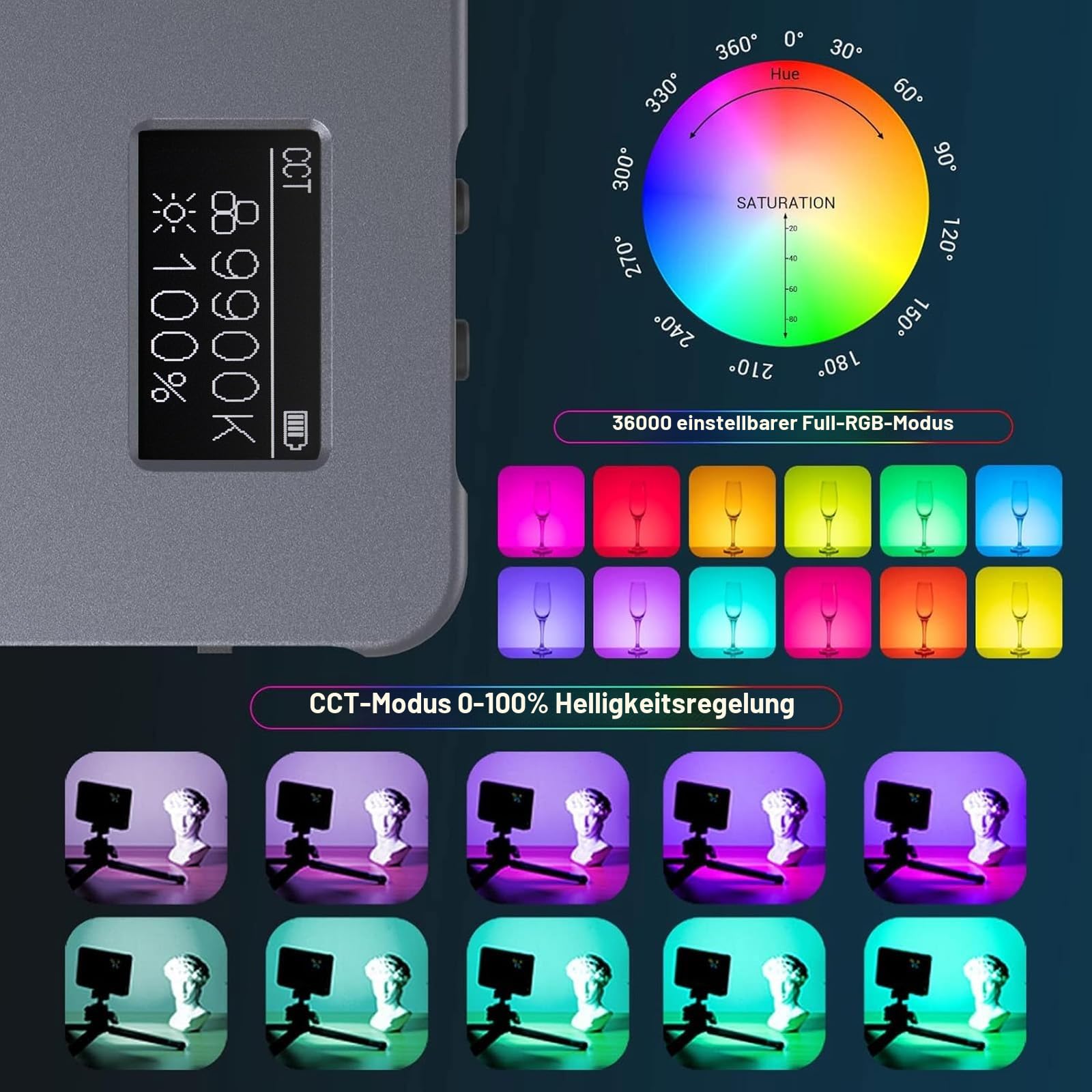 SMALLRIG Led Videoleuchte RGB, Leichtes Fotolicht mit Integriertem OLED-Display, 2500K–8000K, CRI 96, TLCI 96, Tragbares Kamera Licht mit 21 Lichteffekten, P96L – 3489B