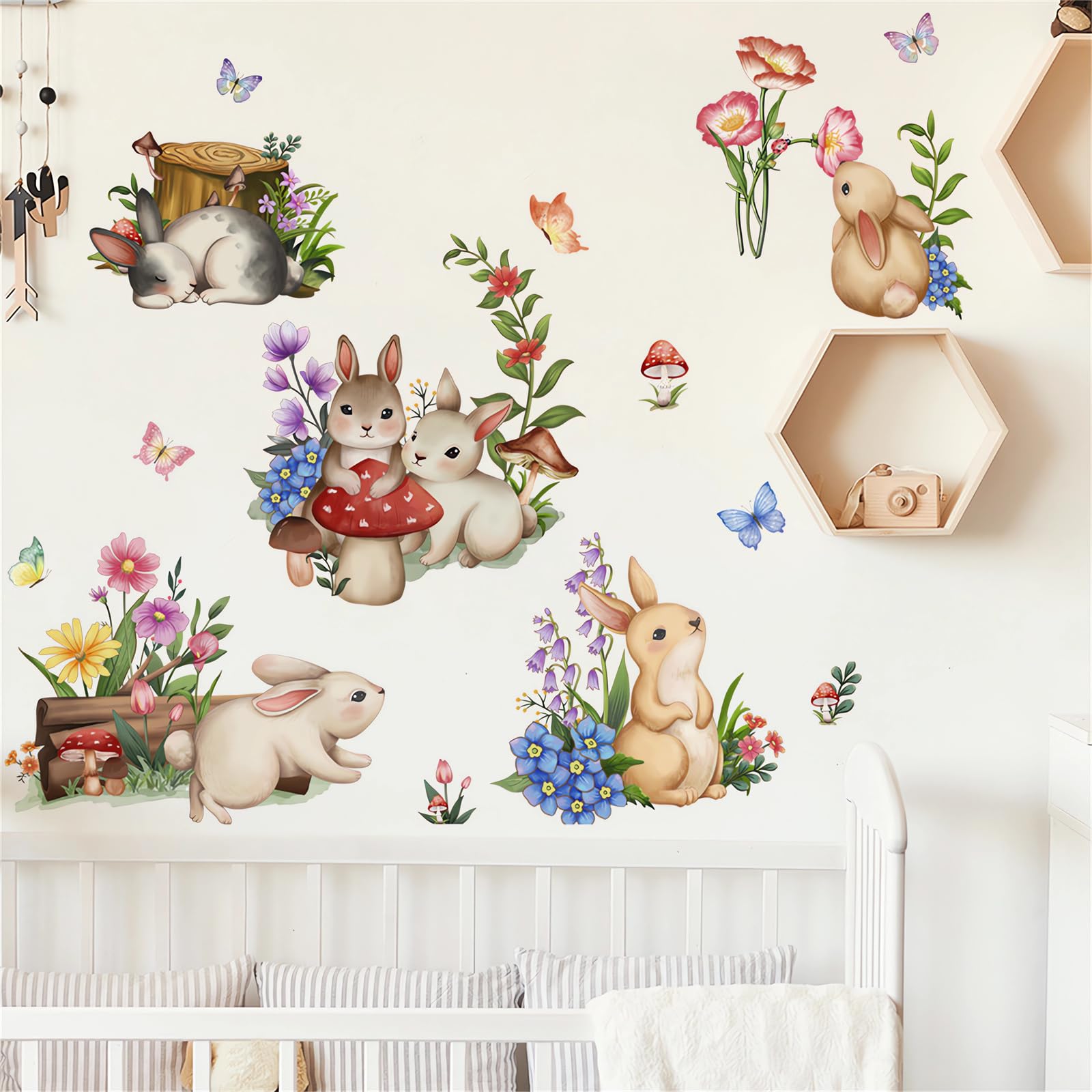 Cute Bunnies Flowers and Mushroom Wall Stickers, sacinora Rabbit Cartoon Animal DIY Wall Decals Removable Vinyl Peel and Stick for Living Room