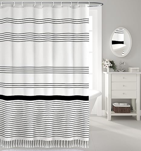 Miniatura 4 de Awellife - Cortina de ducha bohemia y rústica para baño, cortina de ducha de lino natural a rayas con borlas (negro 1a, 72 pulgadas de largo x 36