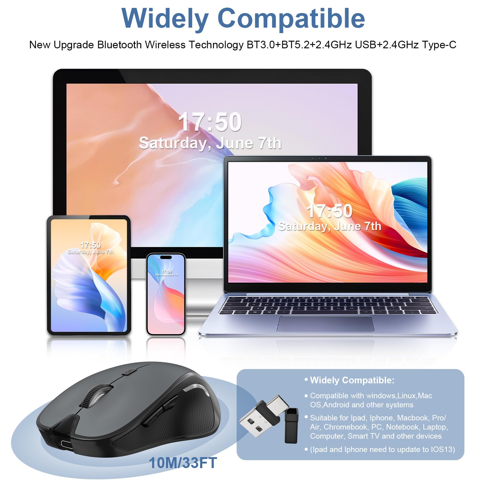 Ratón para MacBook, mouse inalámbrico Bluetooth, portátil, MacBook Air, Mac Pro, recargable, silencioso, PC, iPad, ratón óptico con interruptor de modo dual Jiggler, Bluetooth 5.2/3.0 y receptor USB