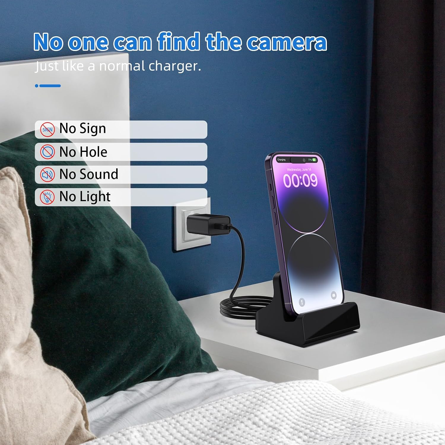 Hidden Camera Charger 2K Pixels Spy Camera with Adjustable 160° Wide-Angle Lens - Night Vision and Motion Detection - APP Control for Home Security