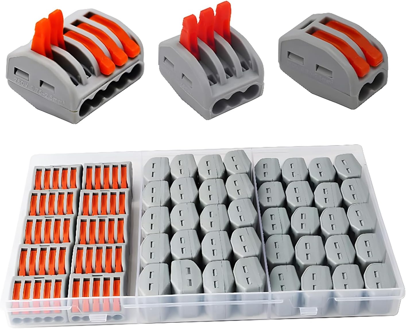 CESFONJER Lever Nut Connector, 50 Pack Assortment Conductors Compact Wire Connectors 2 Holes (20pcs), 3 Holes (20pcs), 5 Holes (10pcs).