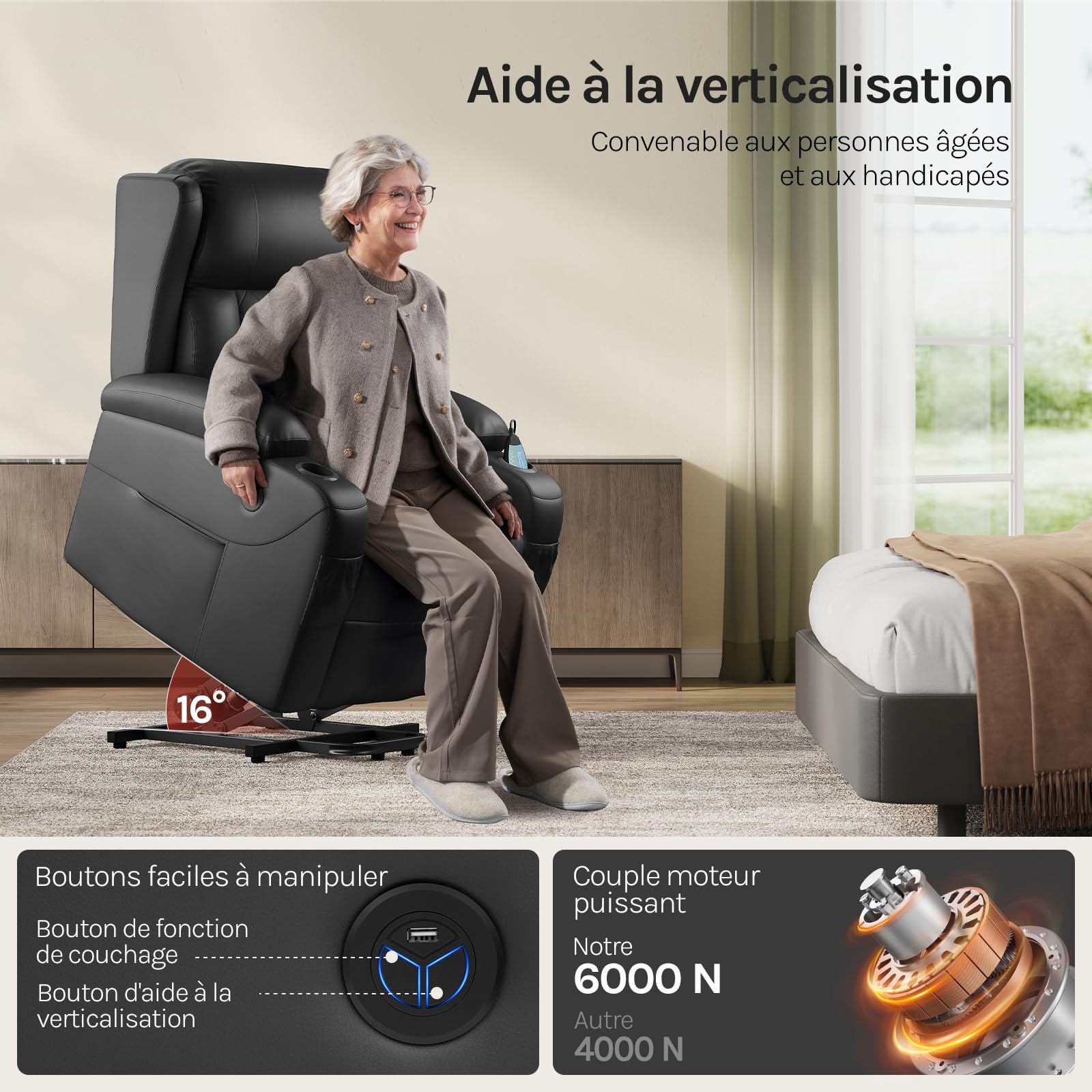 WOLTU Fauteuil Relax Électrique, Fauteuil Massant, Aide à la Verticalisation, Massage, Chauffage, Repose-Pieds, Poches, Porte-gobelet, Port USB, PU, Noir, SKS62sz