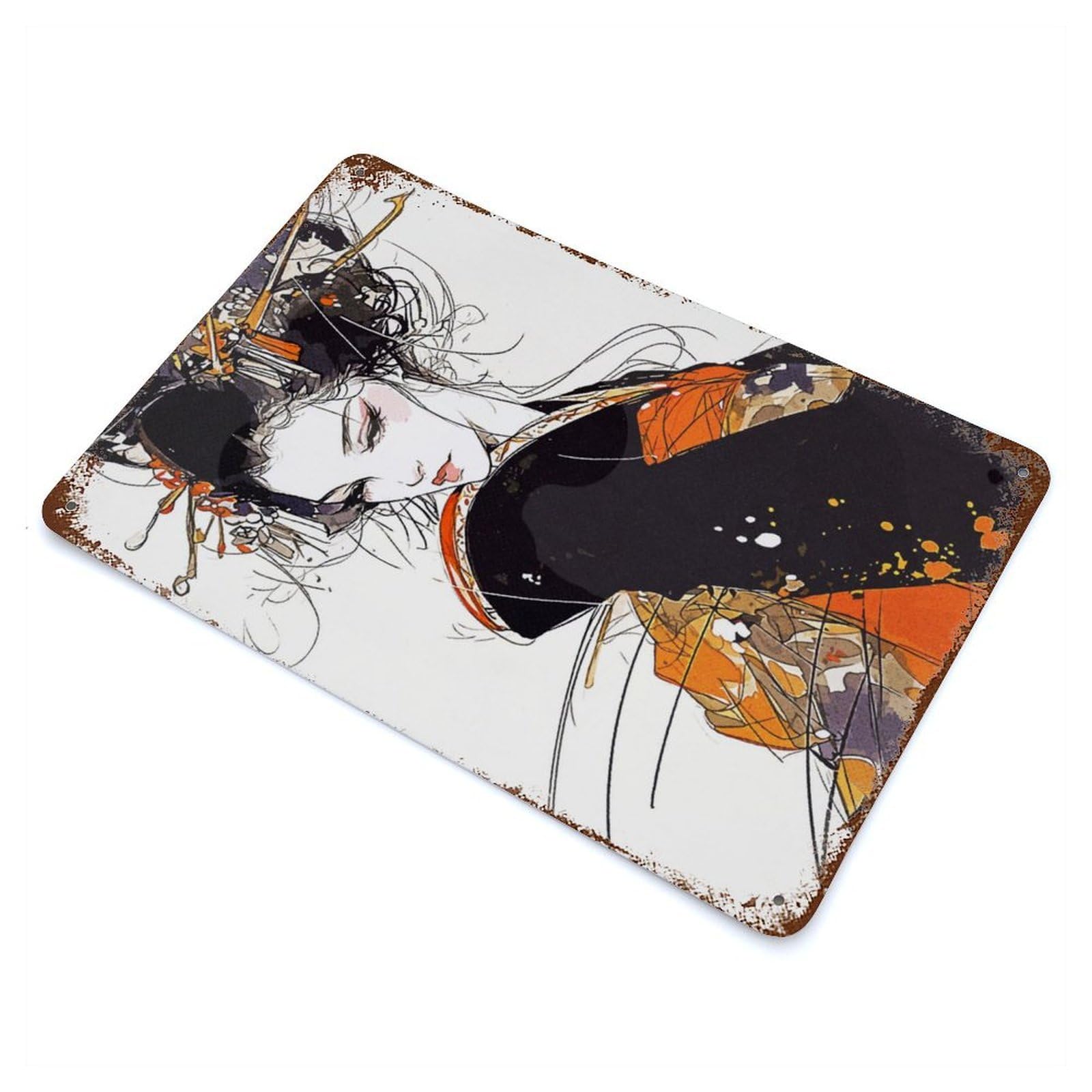 Japan Geisha Vintage Wall Sign 11.8"x7.9", Rust Effect Metal Decor for Office, Studio And Wall Decor