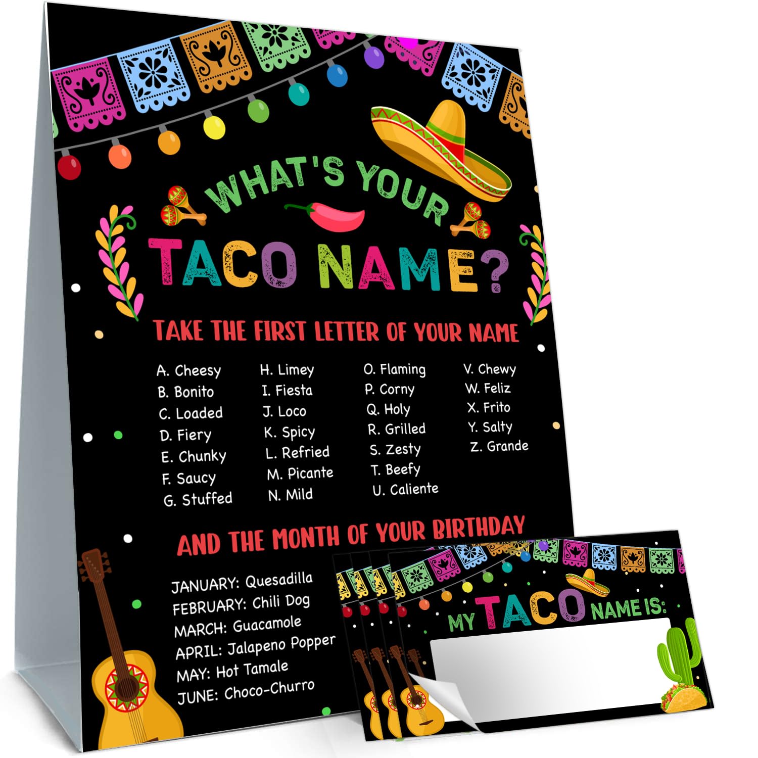 cidobi What is Your Taco Name Game Cards, Birthday Party Game Supplies,Black Taco Games Cads for Boys Girls, 1 Taco Name Game Double Sided Sign, 30