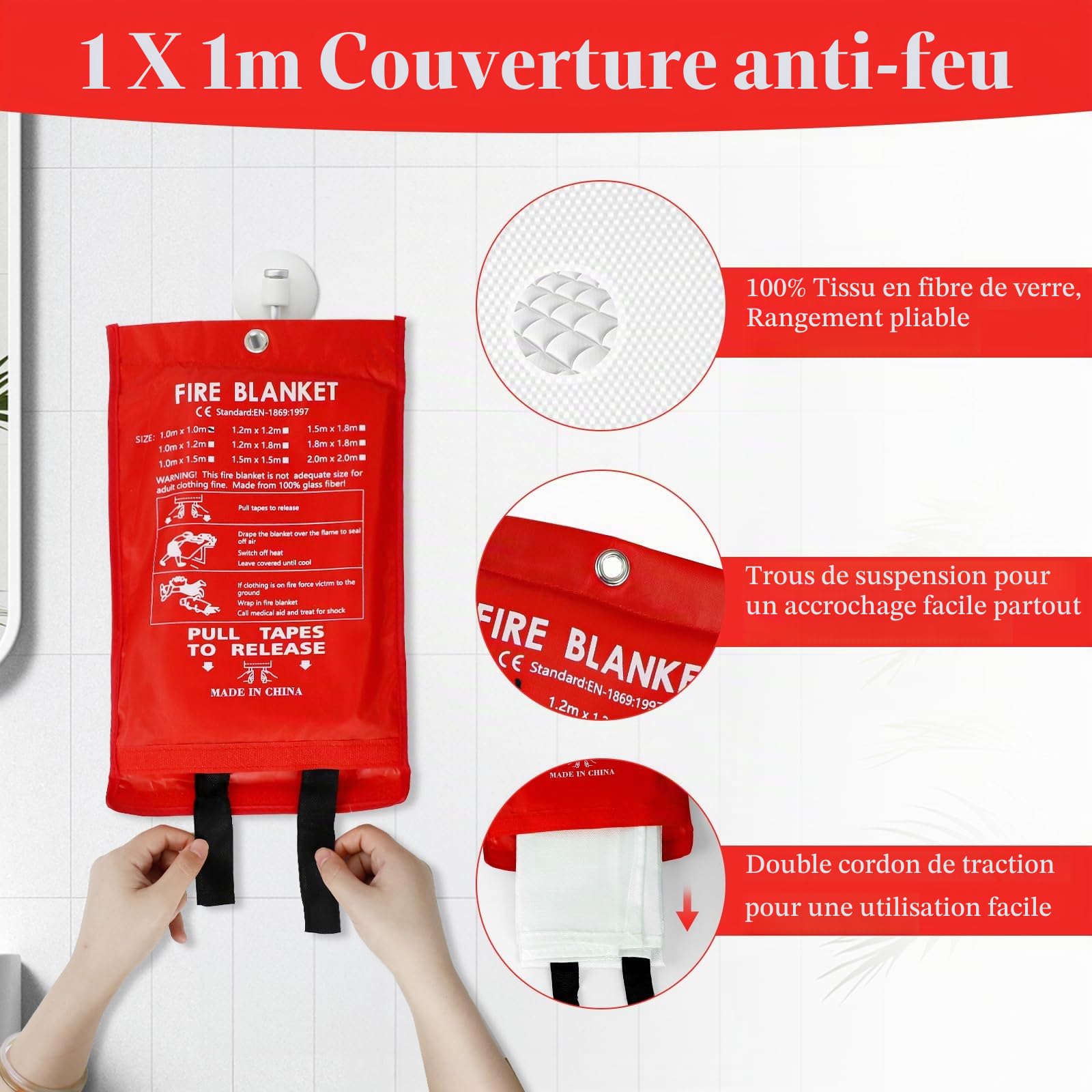 4 Pièces Couvertures Anti-feu Ignifuge pour Maison Cuisine, 1m x 1m Couverture Anti Feu en Fibre de Verre, Couverture Incendie, Couverture de Secours pour Cuisine Cheminée Barbecue