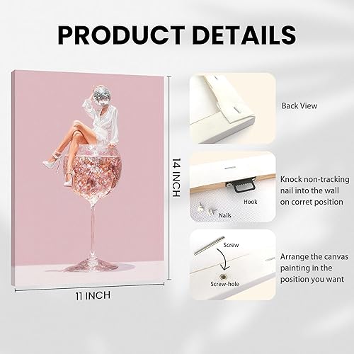 Miniatura 2 de IWGDNJS Arte de pared de cóctel rosa para niña, decoración estética de habitación rosa, decoración de bar de vinos, lienzo de cóctel retro de los