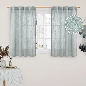 LAMIT Short Linen Curtains 40 Inch Length, Semi Sheer Light Filtering Panels Back Tab and Rod Pocket Neutral Drapes for Basement/Window/Loft Room, Greyish Blue, 34 x 40 Inch, 2 Panels