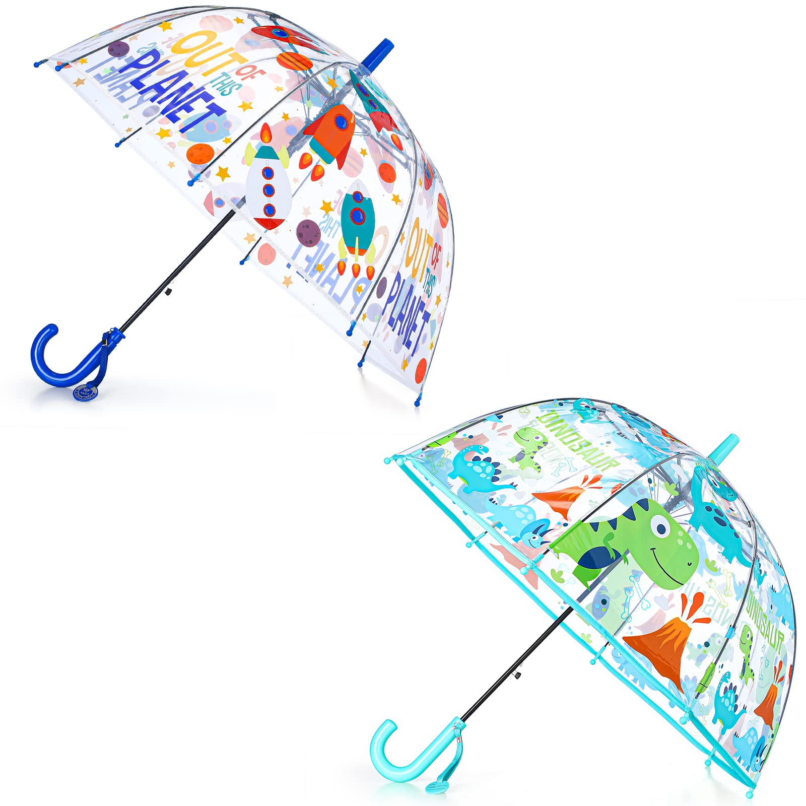 Jexine 2 Pcs Kids Clear Bubble Umbrella with an Easy Grip Handle Dome Transparent Umbrella Kids Umbrellas for Rain Boys Girls (Rocket, Dinosaur)