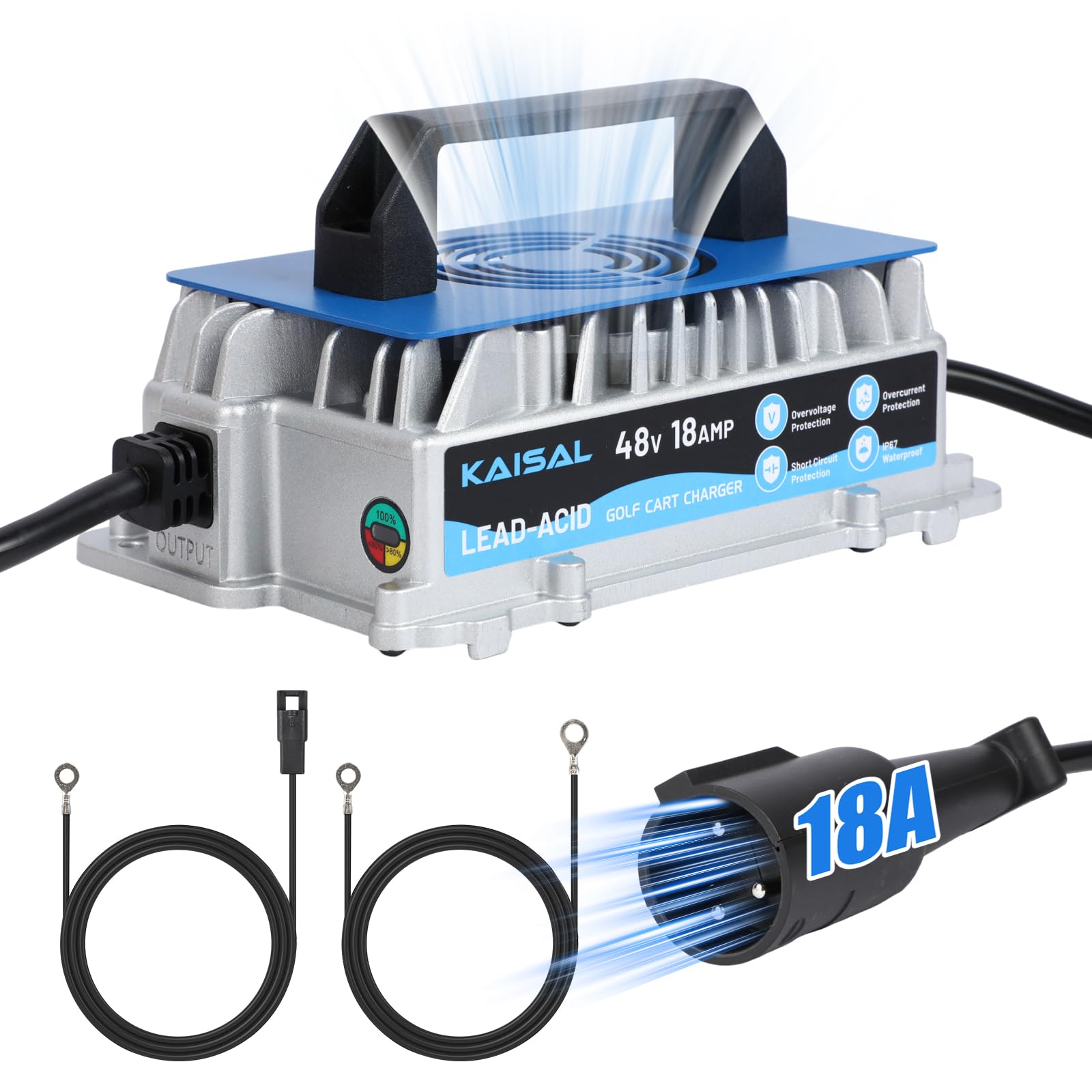 KAISAL 48V 18A Caricabatteria da Golf, 48V Caricatore per Carrello da Golf per Club Car, Caricabatterie Intelligente a Mantenimento, per 48Volt Batterie al Piombo Acido, IP67 Impermeabile
