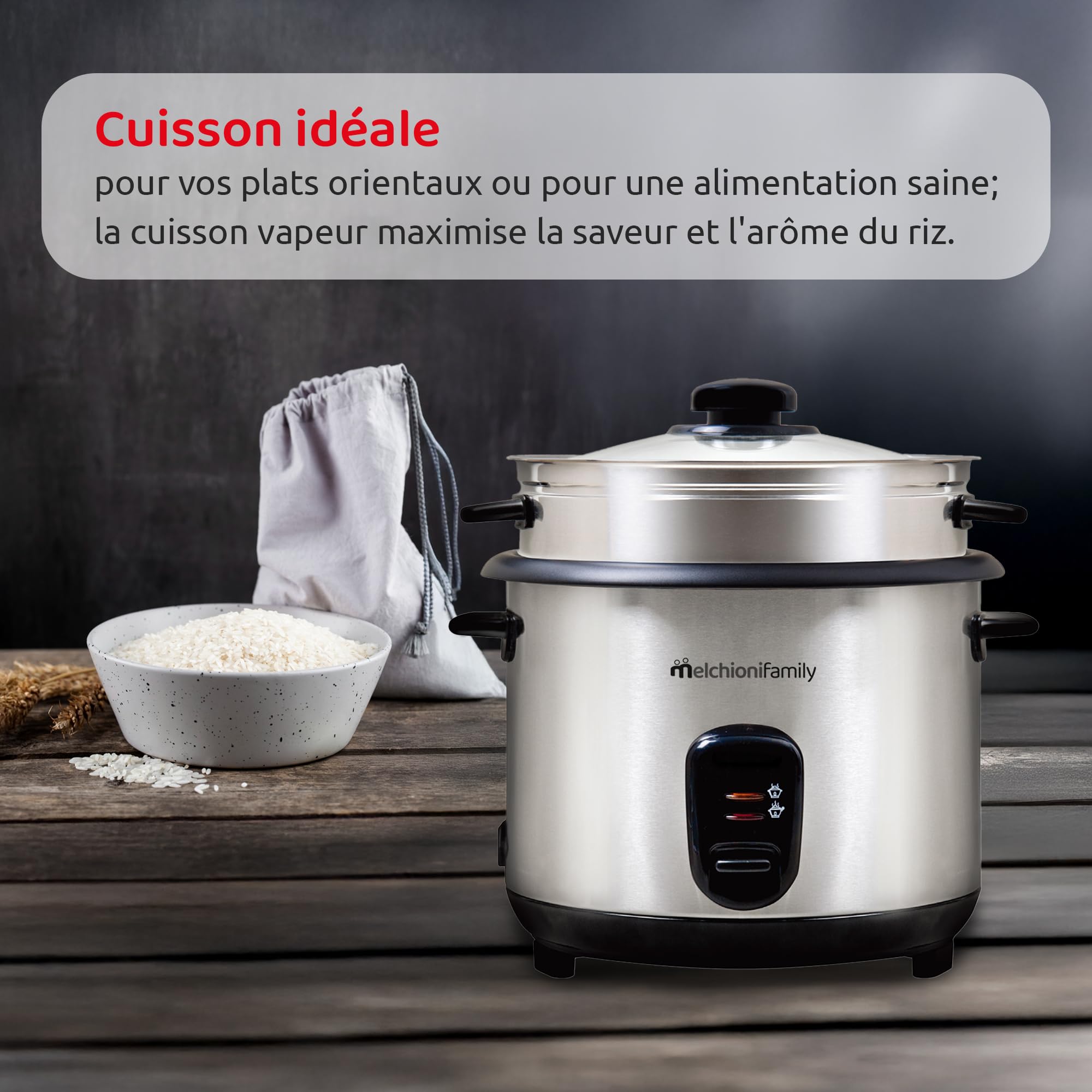 Melchioni Family | LOTO Cuiseur à Riz 1,8L avec Cuisson et Maintien au Chaud, Couvercle en Verre, Revêtement Antiadhésif, Arrêt Automatique, Vapeur, 800W, Accessoires Inclus, Gris
