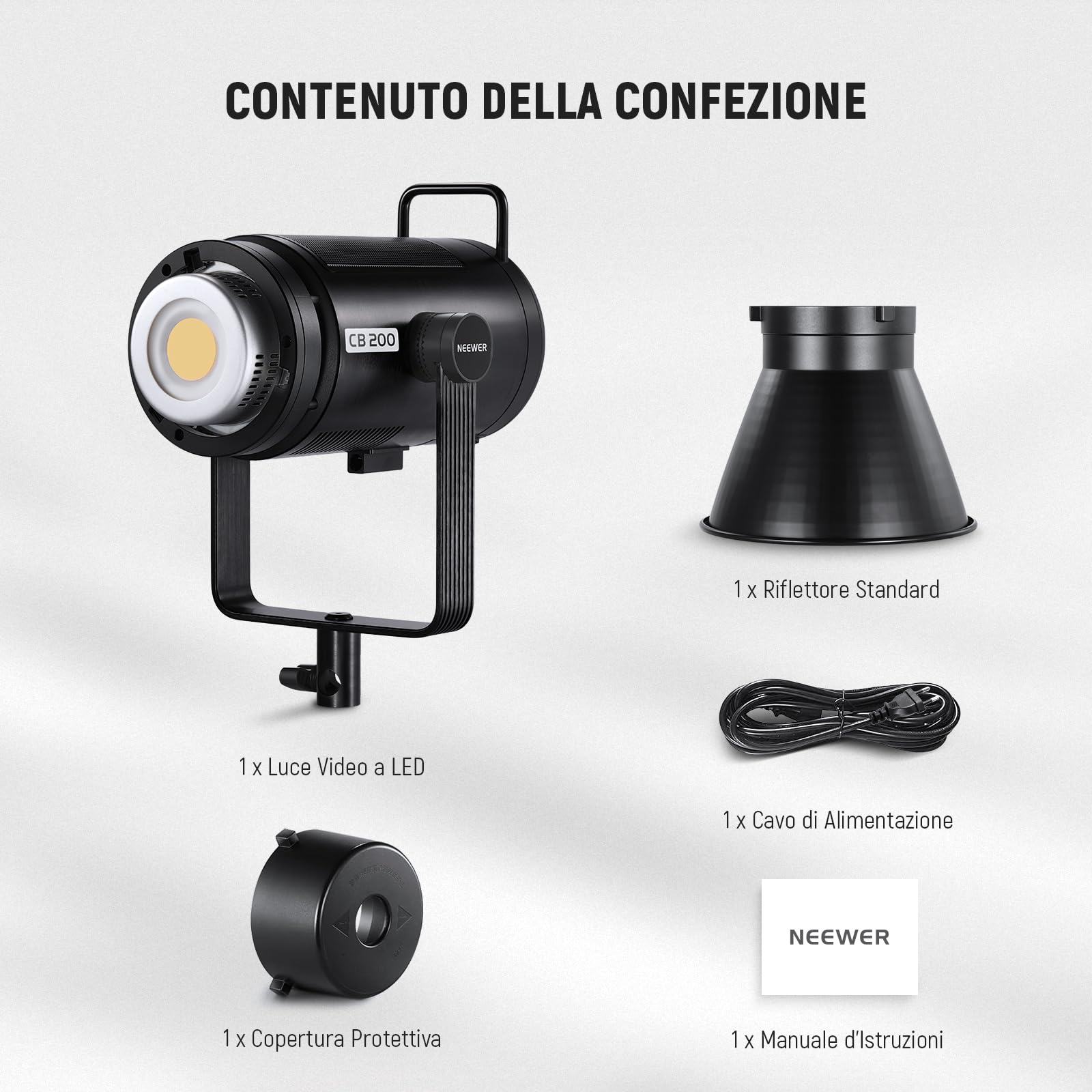 NEEWER CB200 210W Luce Video a LED con Controllo 2,4G/App, Illuminazione Continua COB a Luce Diurna da 5600K per Fotografia con 98500lux/m, CRI97+/TLCI97+, 9 Scene, Dimmerazione PWM, Attacco Bowens